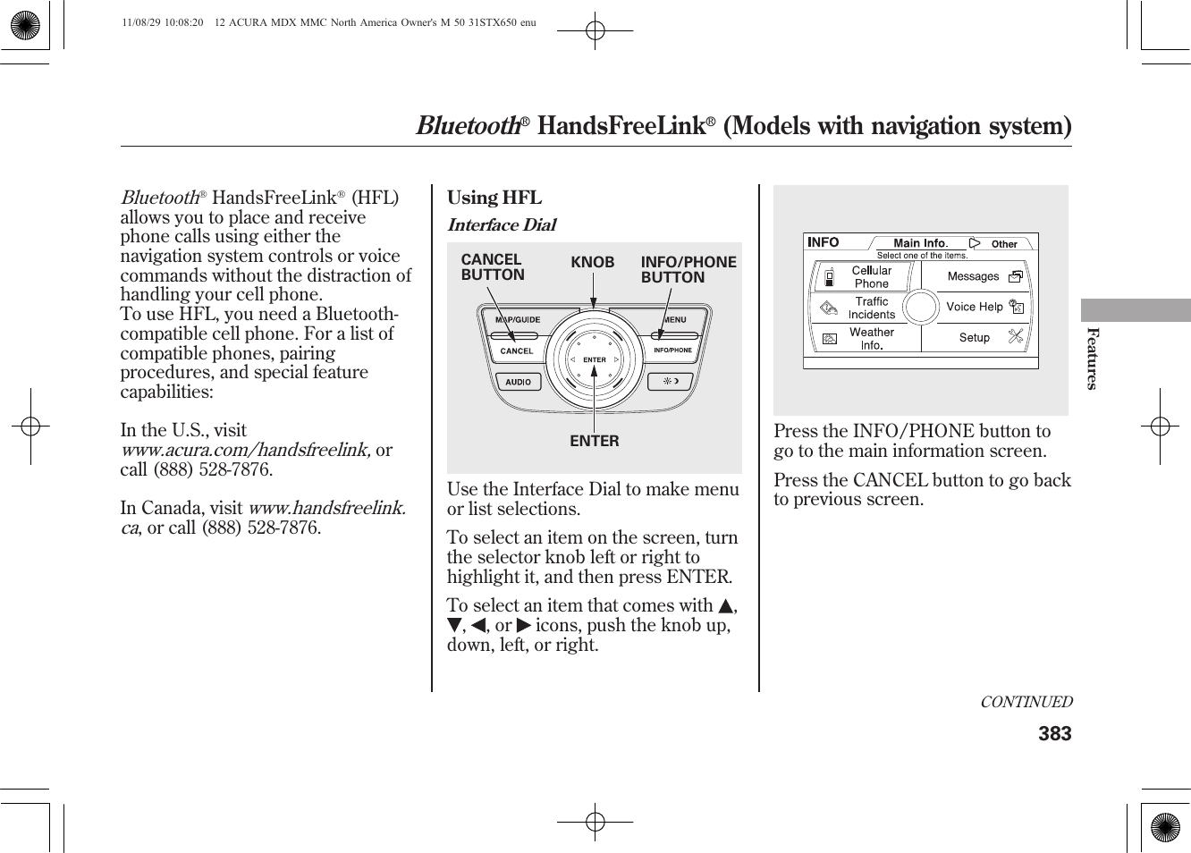 Bluetooth, Handsfreelink, Models with navigation system) | Acura 2012 MDX User Manual | Page 390 / 617