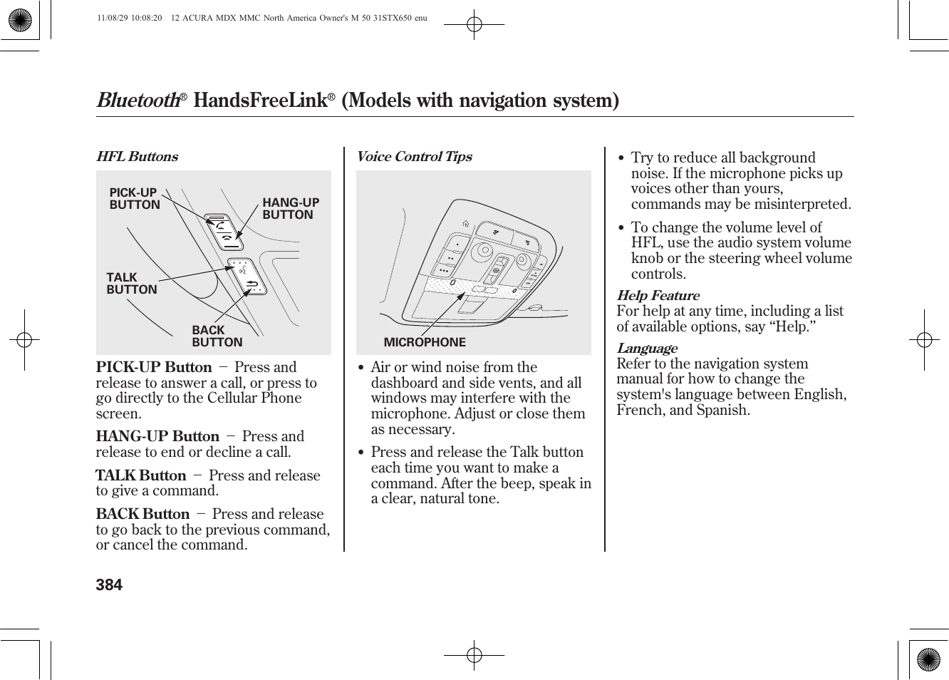Bluetooth, Handsfreelink, Models with navigation system) | Acura 2012 MDX User Manual | Page 391 / 617