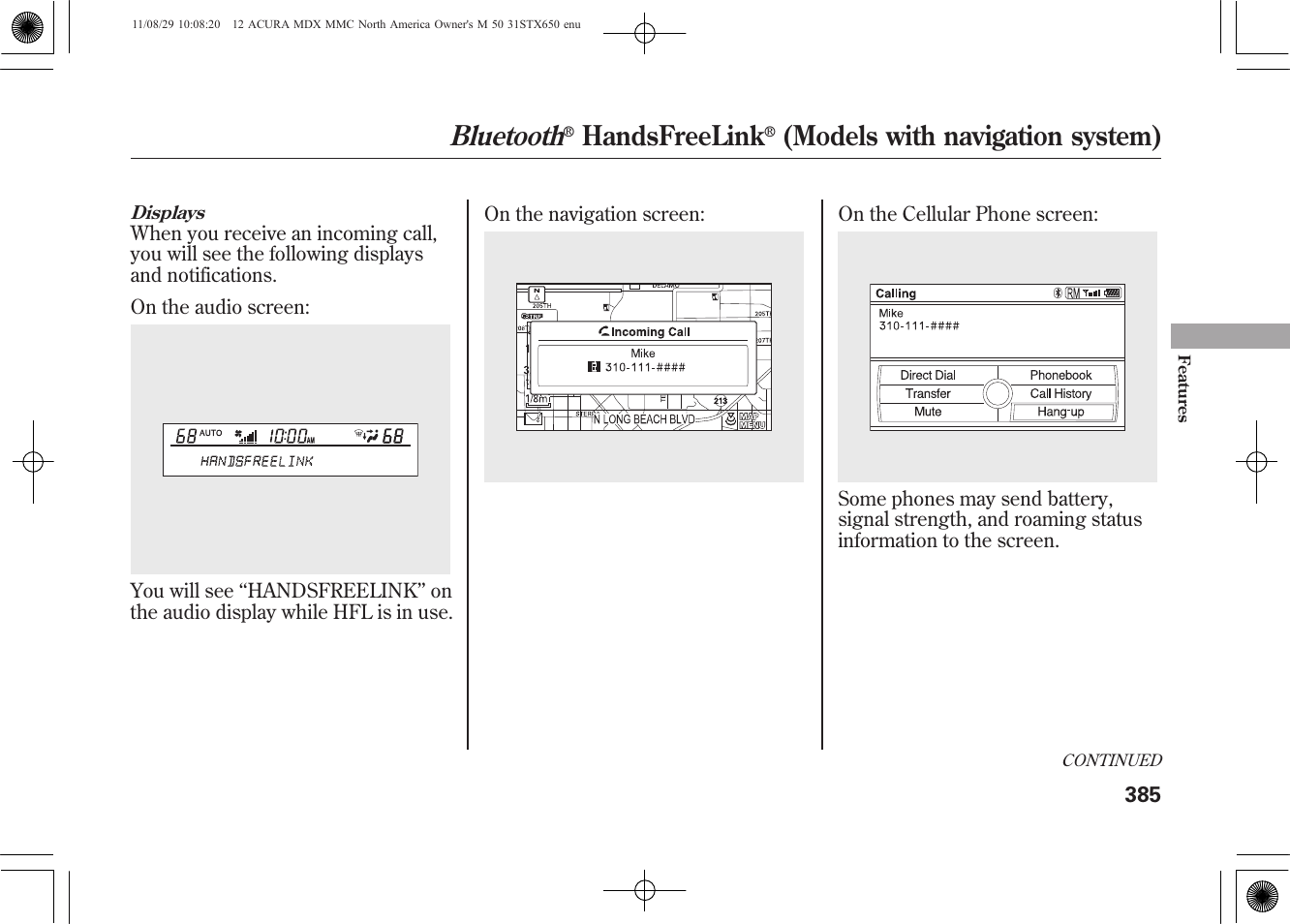 Bluetooth, Handsfreelink, Models with navigation system) | Acura 2012 MDX User Manual | Page 392 / 617