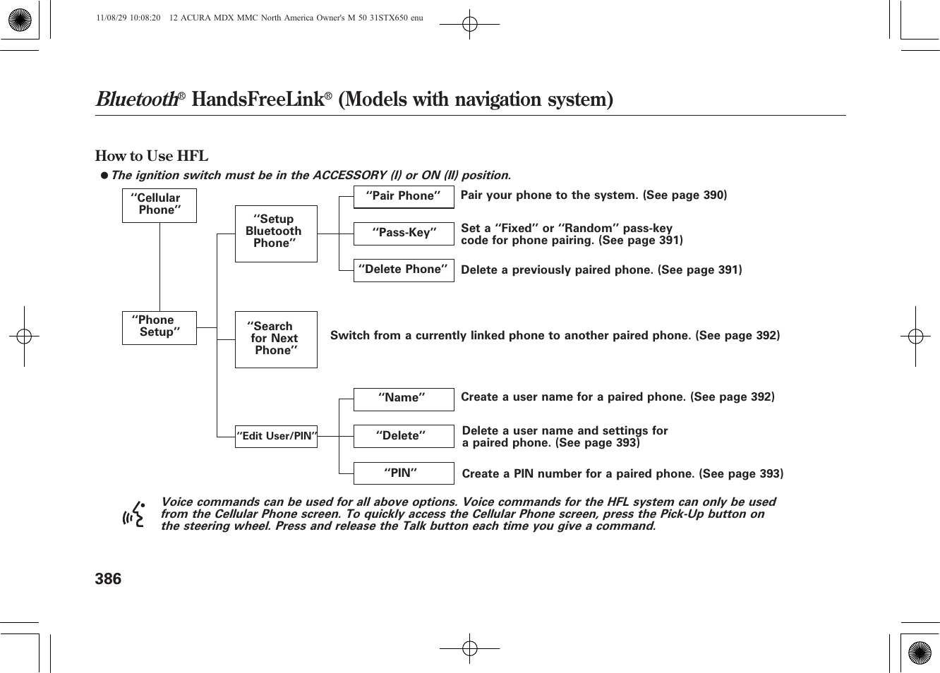 Bluetooth, Handsfreelink, Models with navigation system) | Acura 2012 MDX User Manual | Page 393 / 617