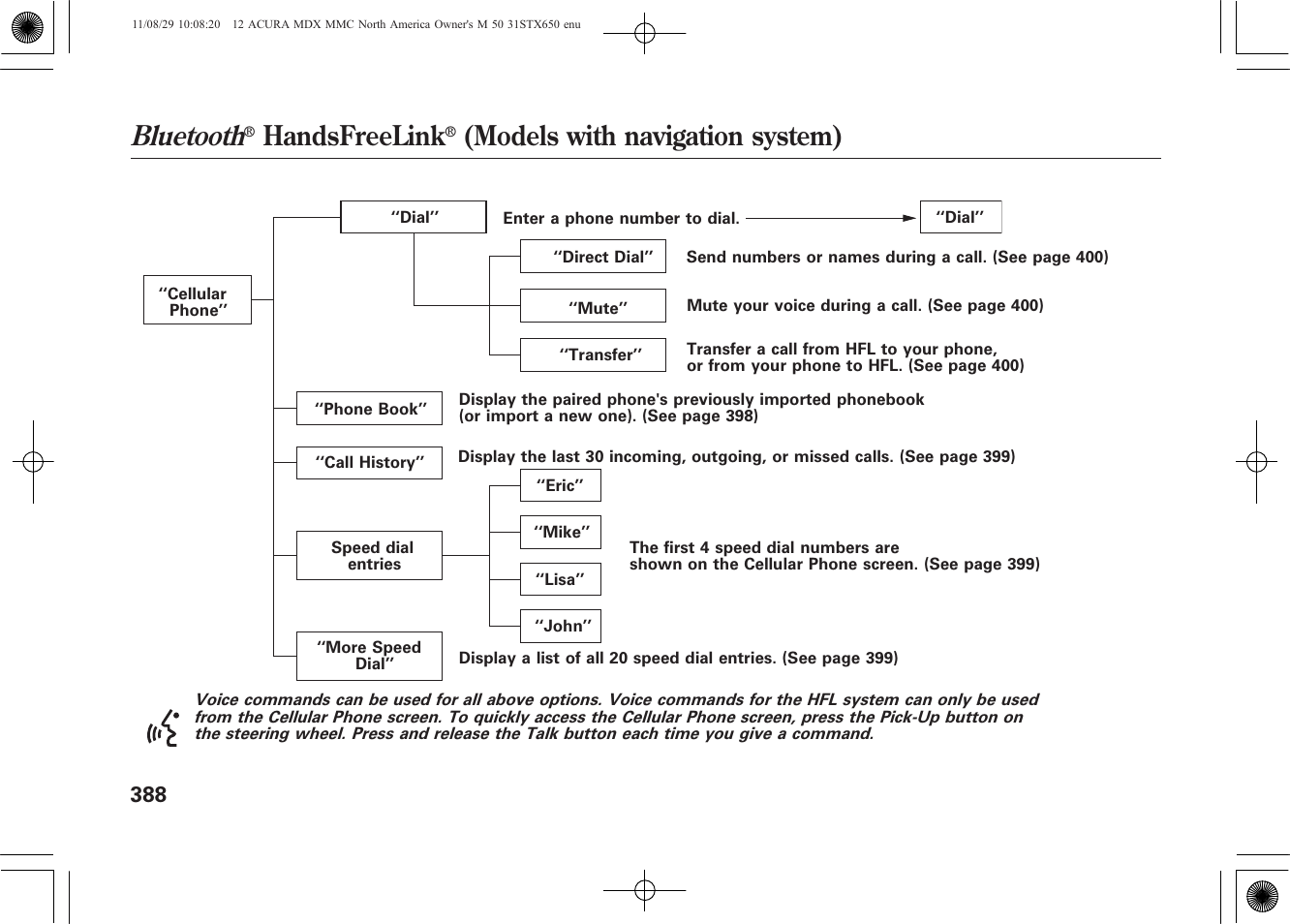 Bluetooth, Handsfreelink, Models with navigation system) | Acura 2012 MDX User Manual | Page 395 / 617