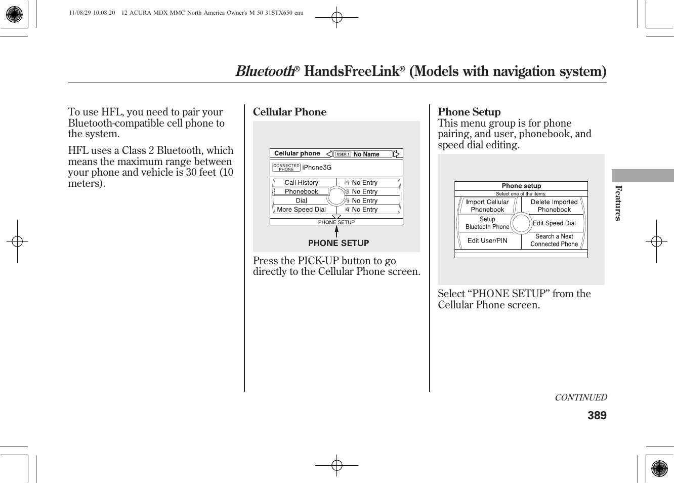 Bluetooth, Handsfreelink, Models with navigation system) | Acura 2012 MDX User Manual | Page 396 / 617