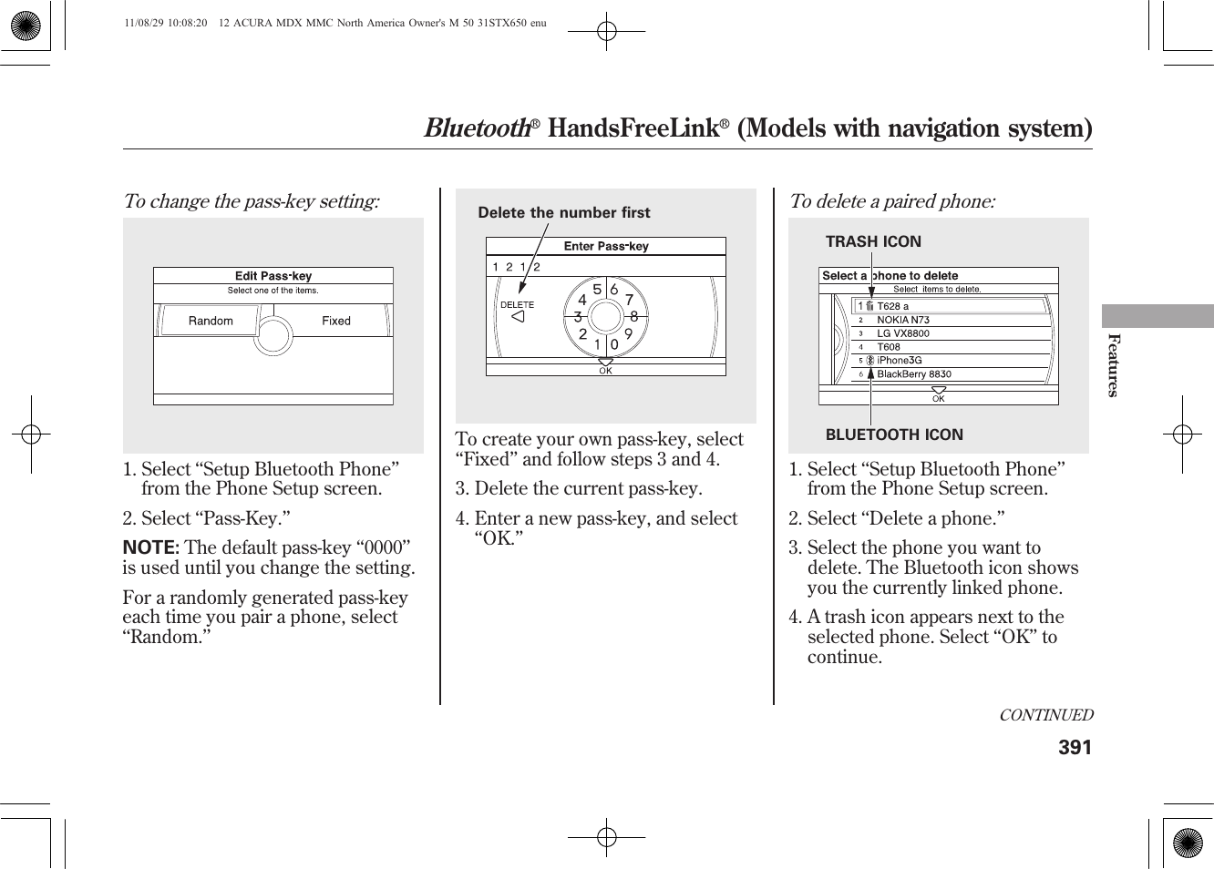 Bluetooth, Handsfreelink, Models with navigation system) | Acura 2012 MDX User Manual | Page 398 / 617