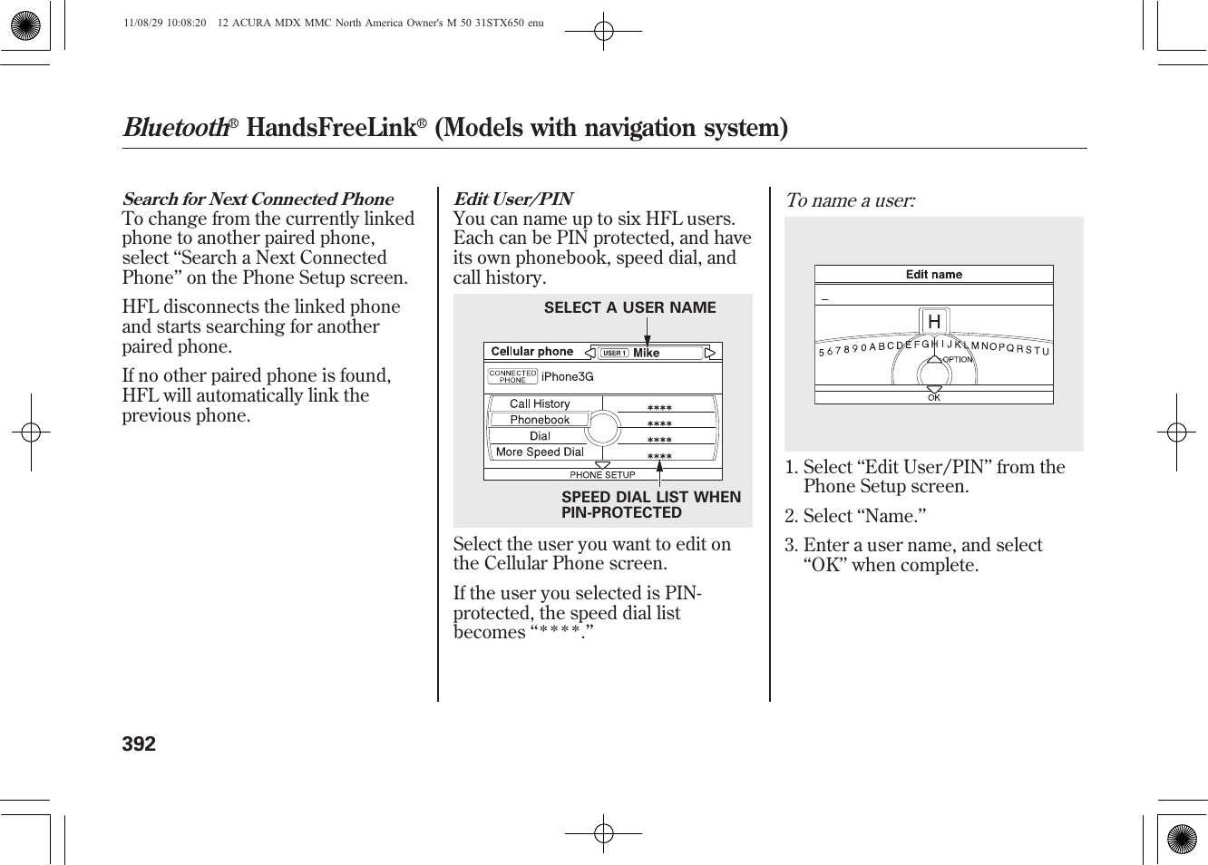 Bluetooth, Handsfreelink, Models with navigation system) | Acura 2012 MDX User Manual | Page 399 / 617