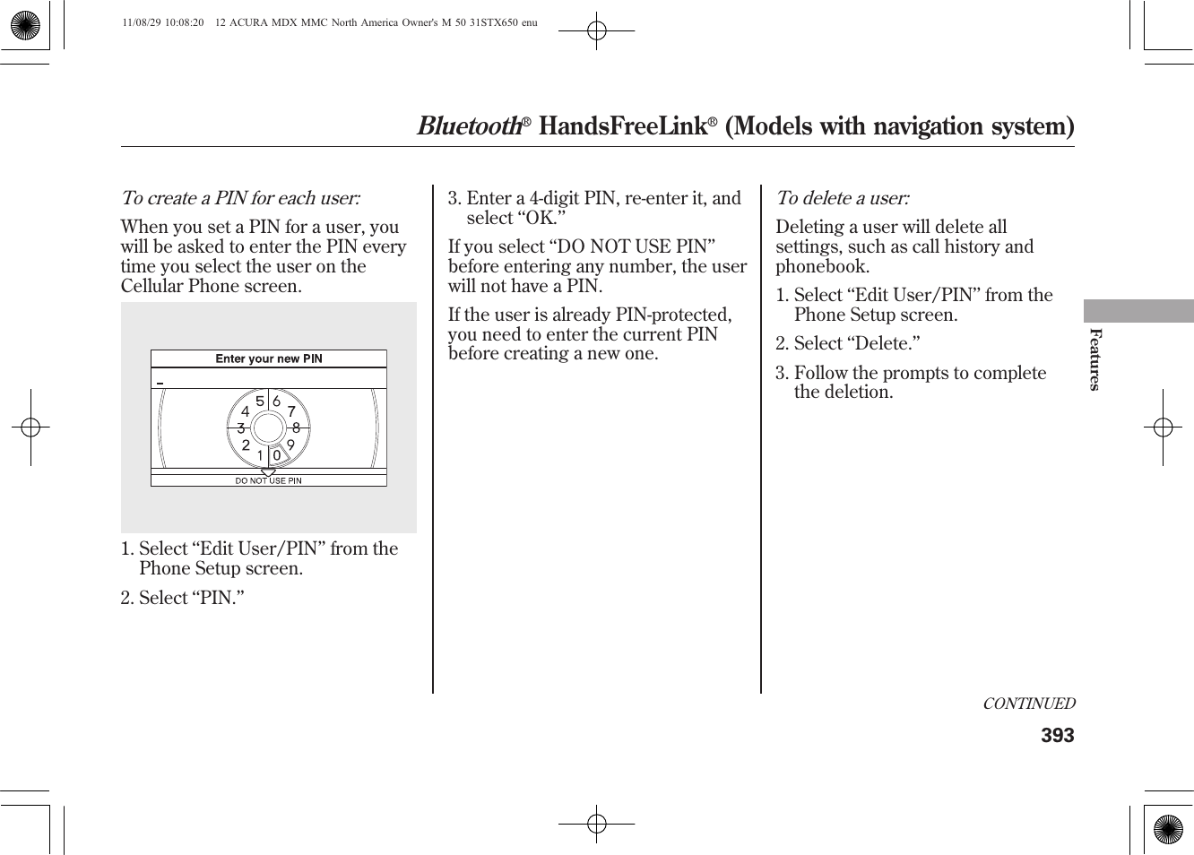 Bluetooth, Handsfreelink, Models with navigation system) | Acura 2012 MDX User Manual | Page 400 / 617