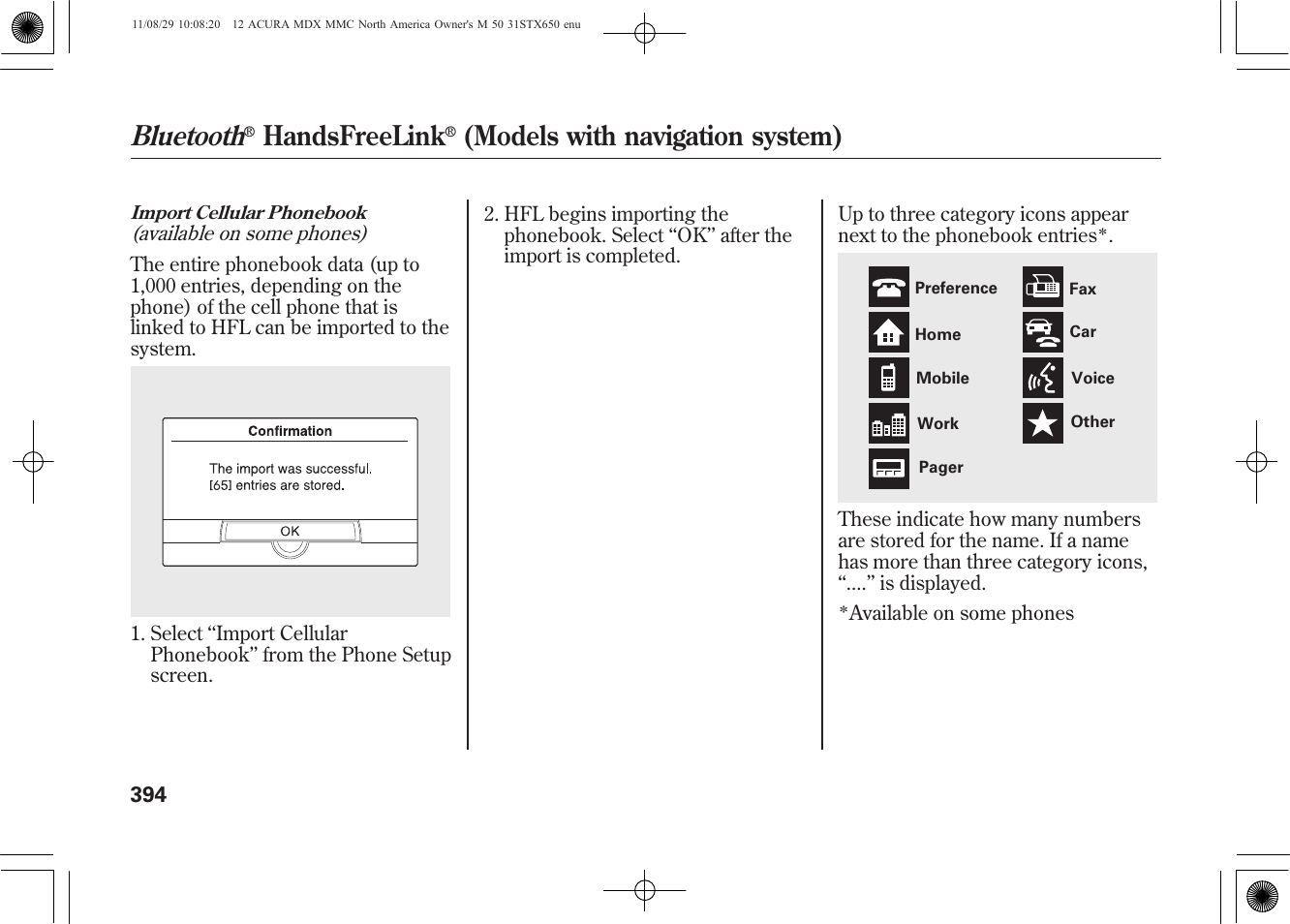 Bluetooth, Handsfreelink, Models with navigation system) | Acura 2012 MDX User Manual | Page 401 / 617