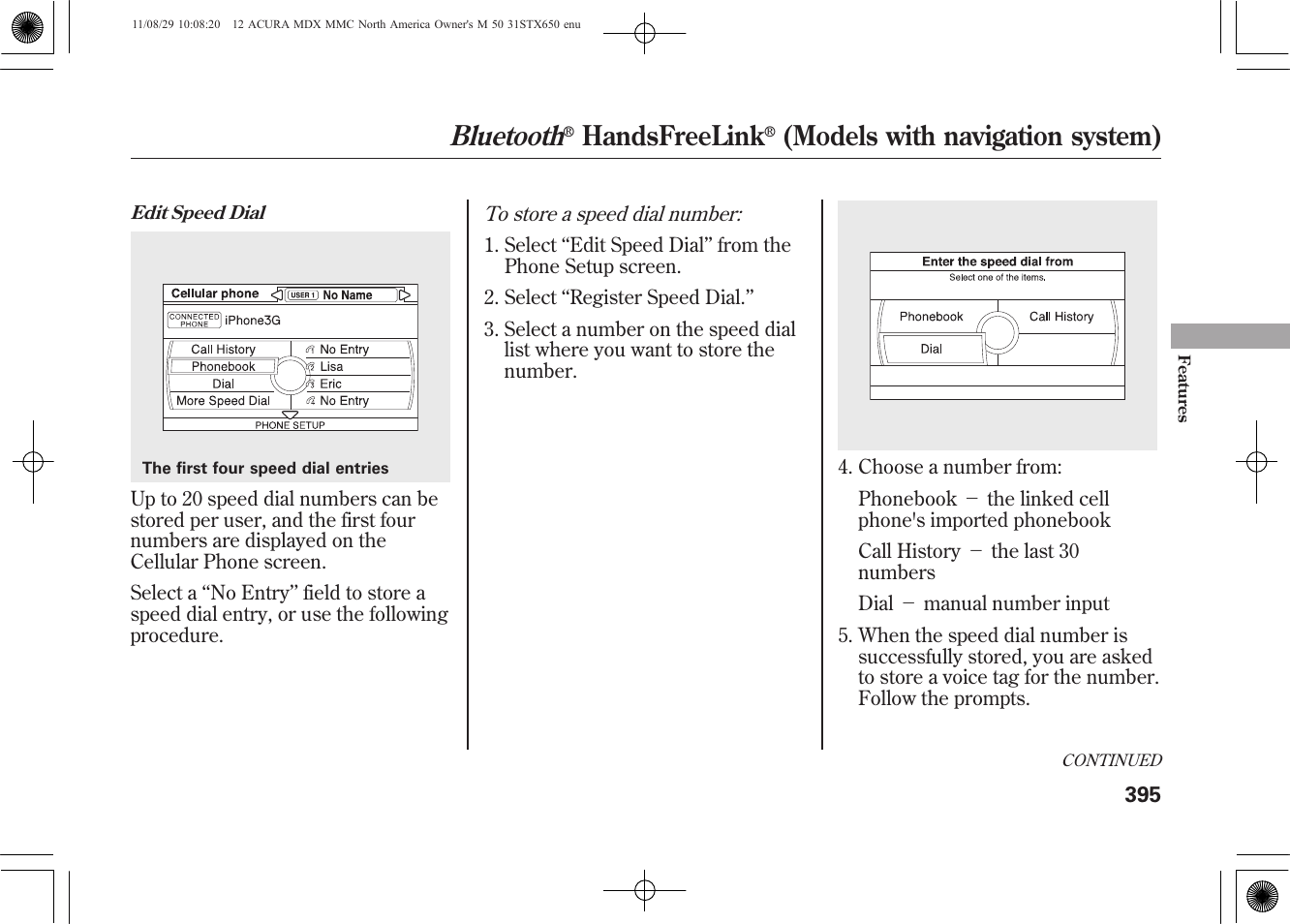 Bluetooth, Handsfreelink, Models with navigation system) | Acura 2012 MDX User Manual | Page 402 / 617