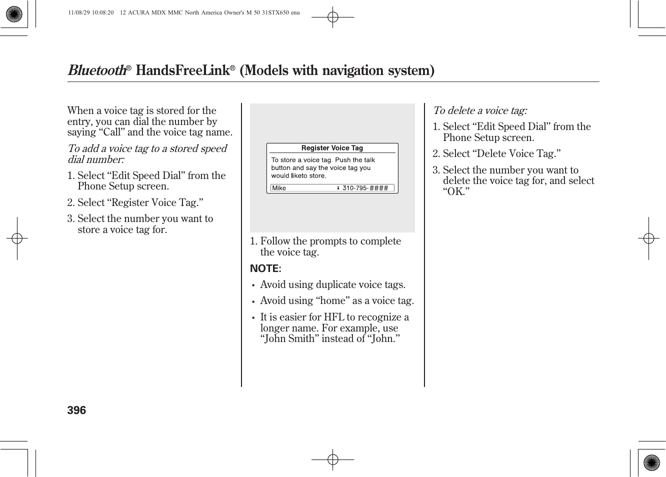Bluetooth, Handsfreelink, Models with navigation system) | Acura 2012 MDX User Manual | Page 403 / 617