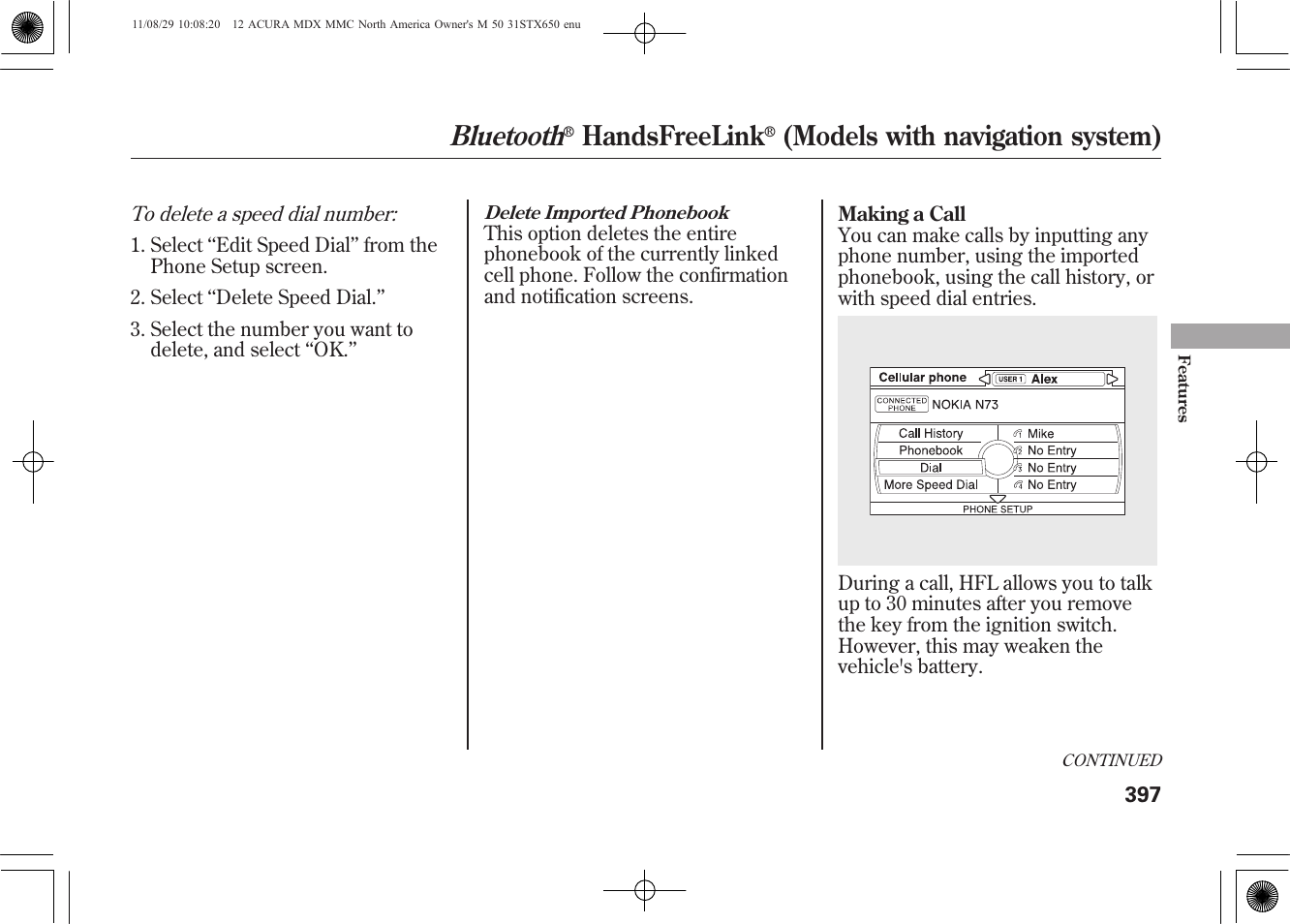 Bluetooth, Handsfreelink, Models with navigation system) | Acura 2012 MDX User Manual | Page 404 / 617
