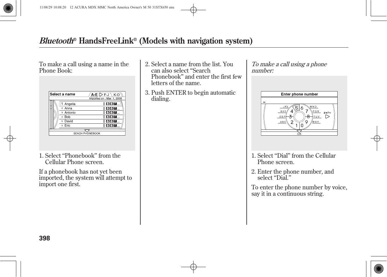 Bluetooth, Handsfreelink, Models with navigation system) | Acura 2012 MDX User Manual | Page 405 / 617