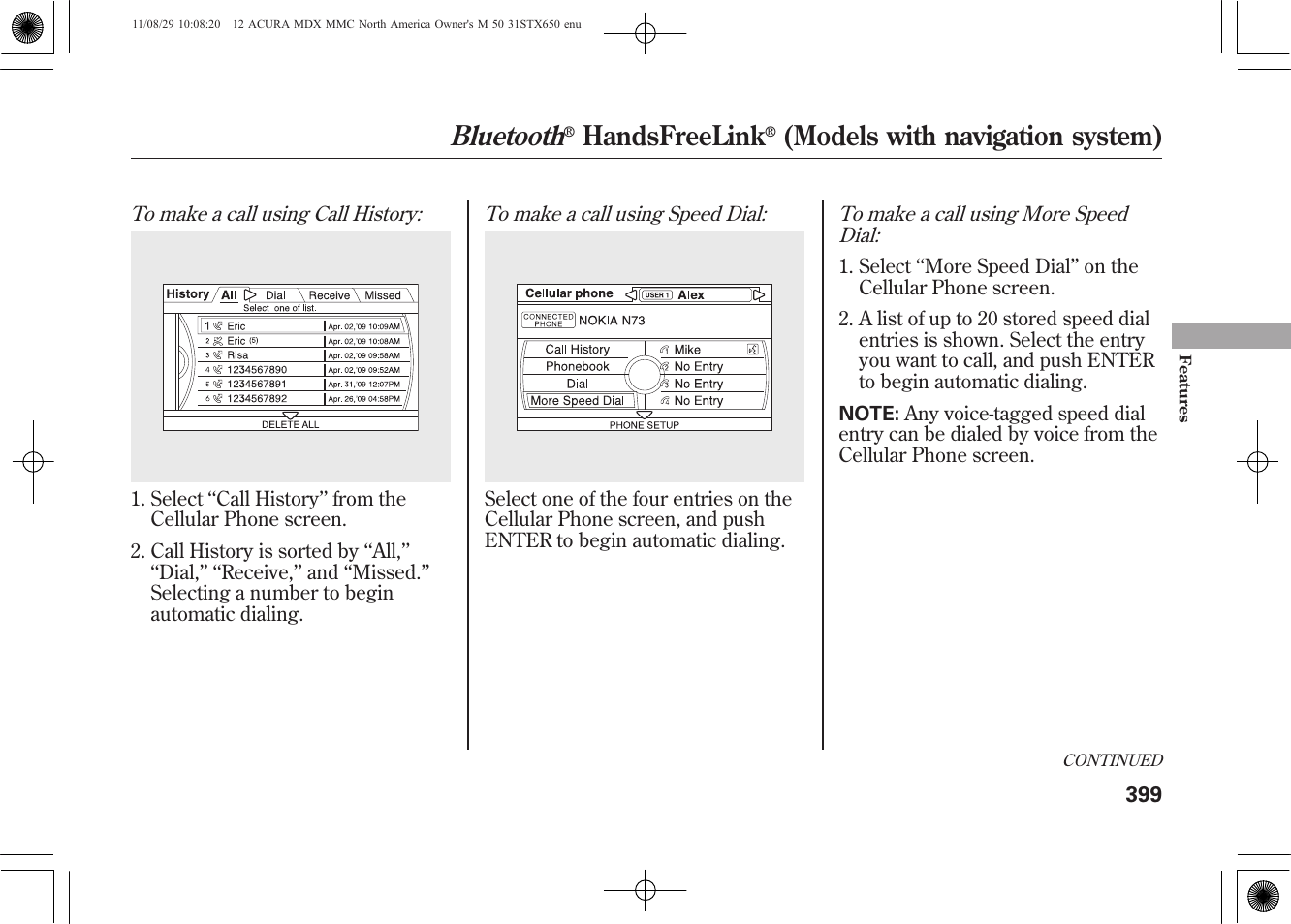 Bluetooth, Handsfreelink, Models with navigation system) | Acura 2012 MDX User Manual | Page 406 / 617