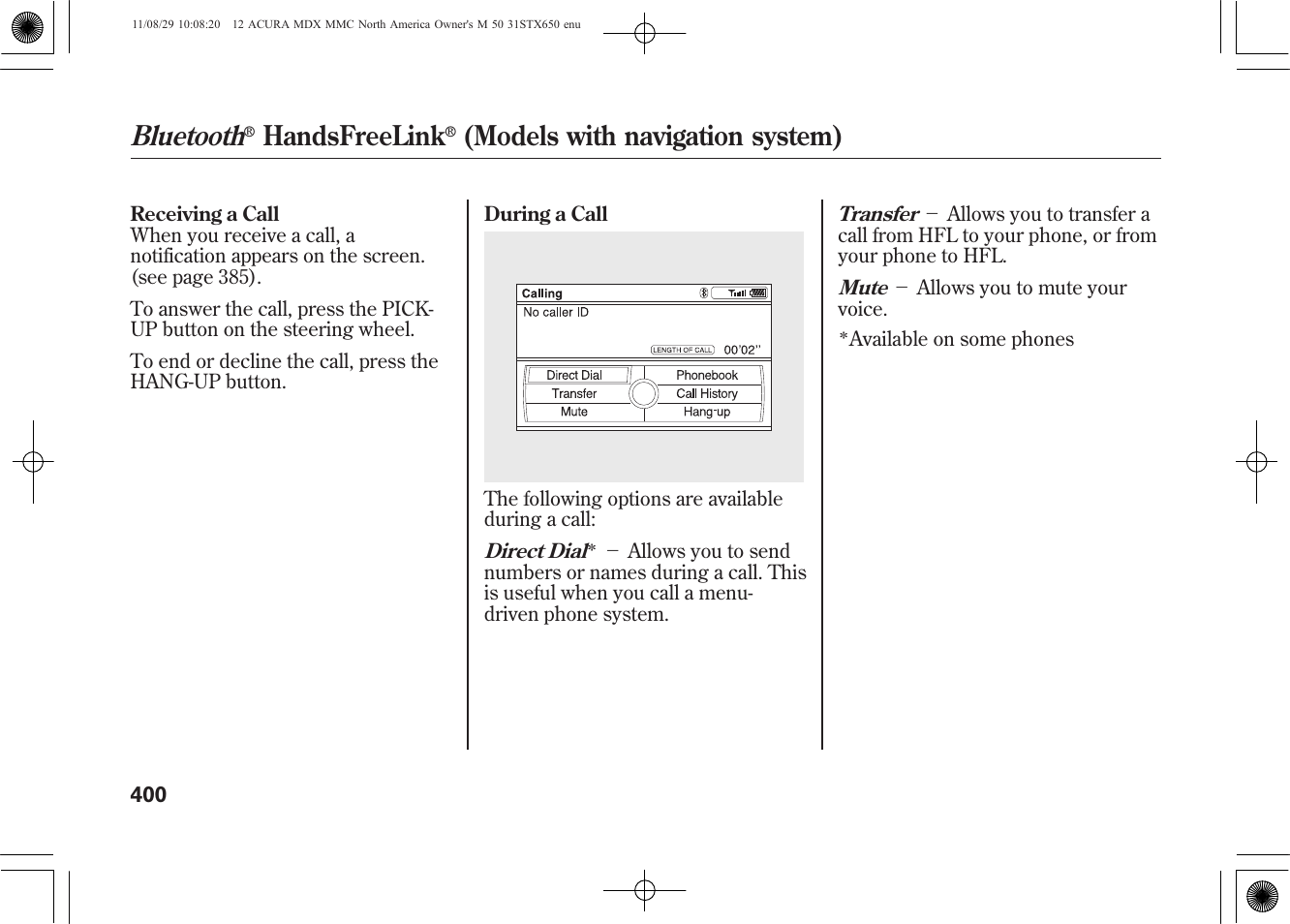 Bluetooth, Handsfreelink, Models with navigation system) | Acura 2012 MDX User Manual | Page 407 / 617