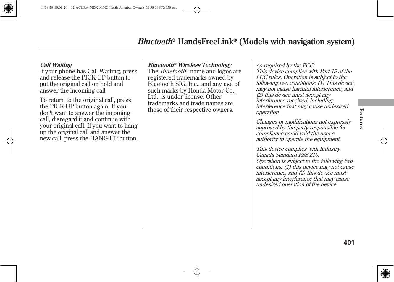 Bluetooth, Handsfreelink, Models with navigation system) | Acura 2012 MDX User Manual | Page 408 / 617