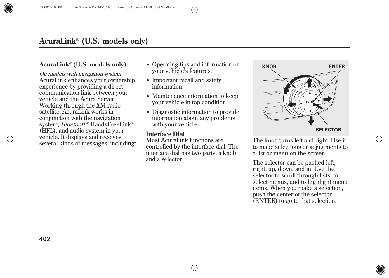 Acuralink, U.s. models only) | Acura 2012 MDX User Manual | Page 409 / 617