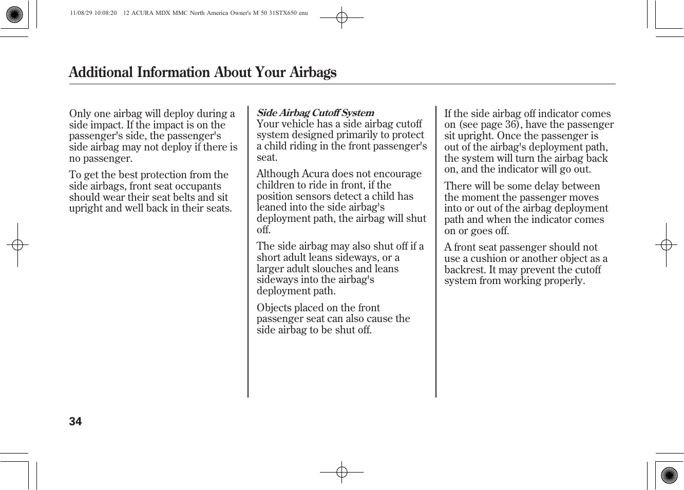 Additional information about your airbags | Acura 2012 MDX User Manual | Page 41 / 617