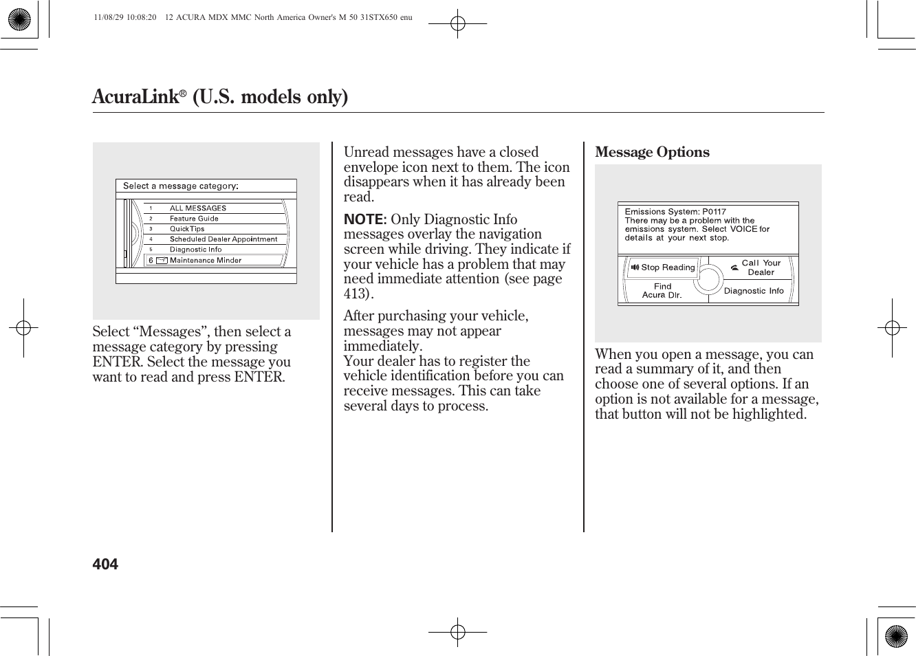 Acuralink, U.s. models only) | Acura 2012 MDX User Manual | Page 411 / 617
