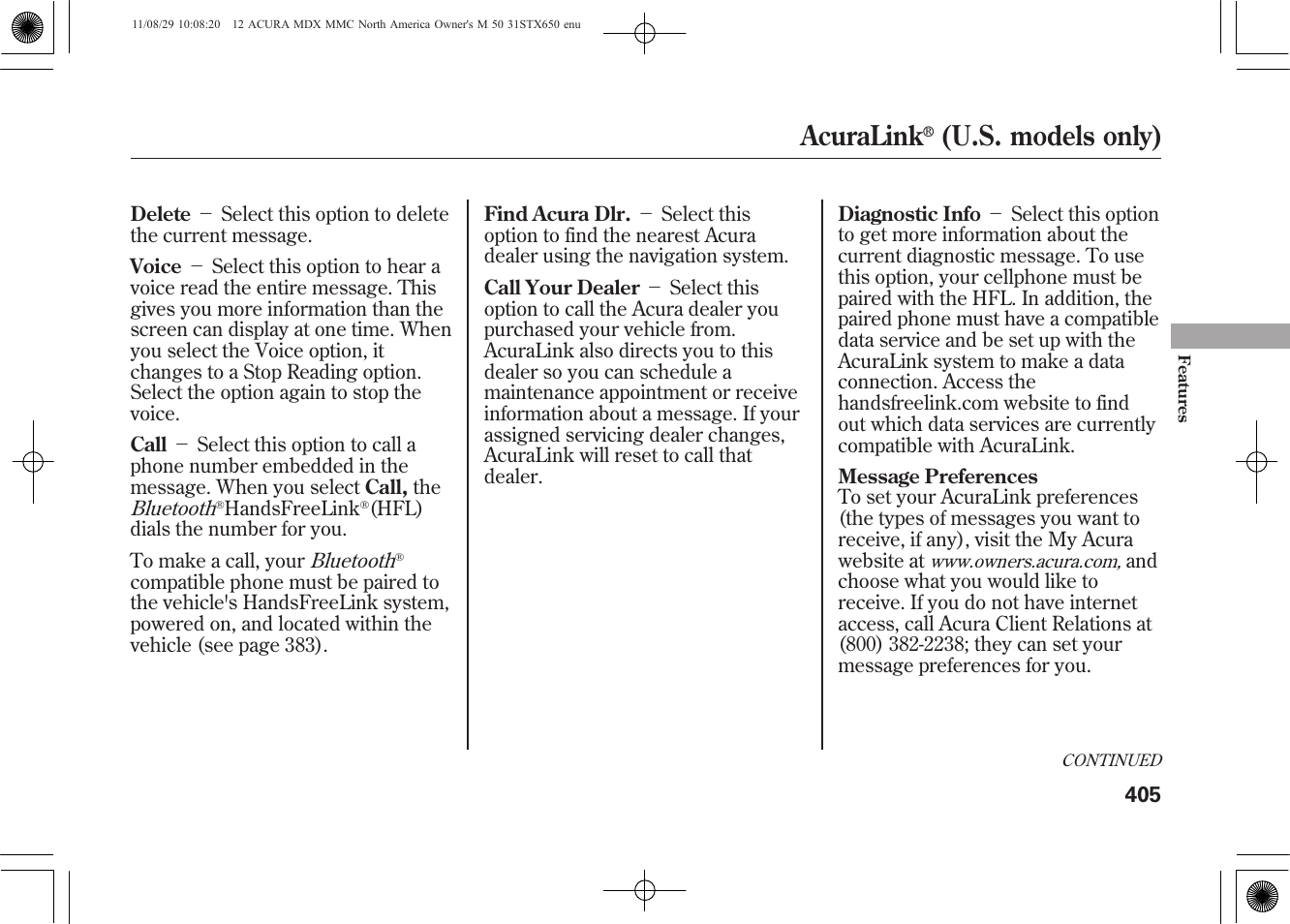 Acuralink, U.s. models only) | Acura 2012 MDX User Manual | Page 412 / 617