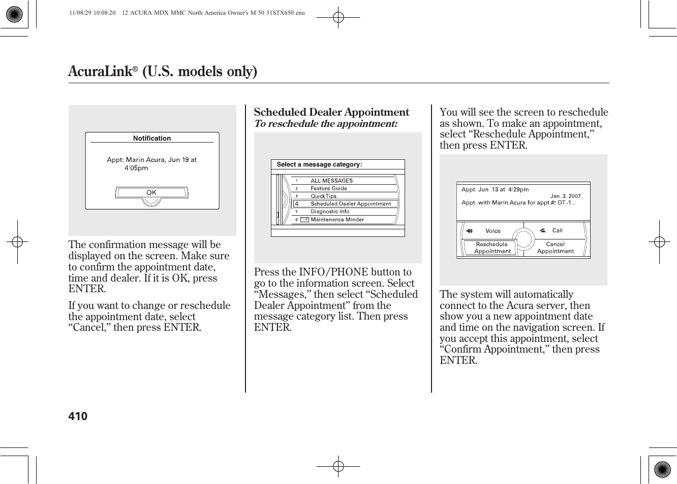 Acuralink, U.s. models only) | Acura 2012 MDX User Manual | Page 417 / 617
