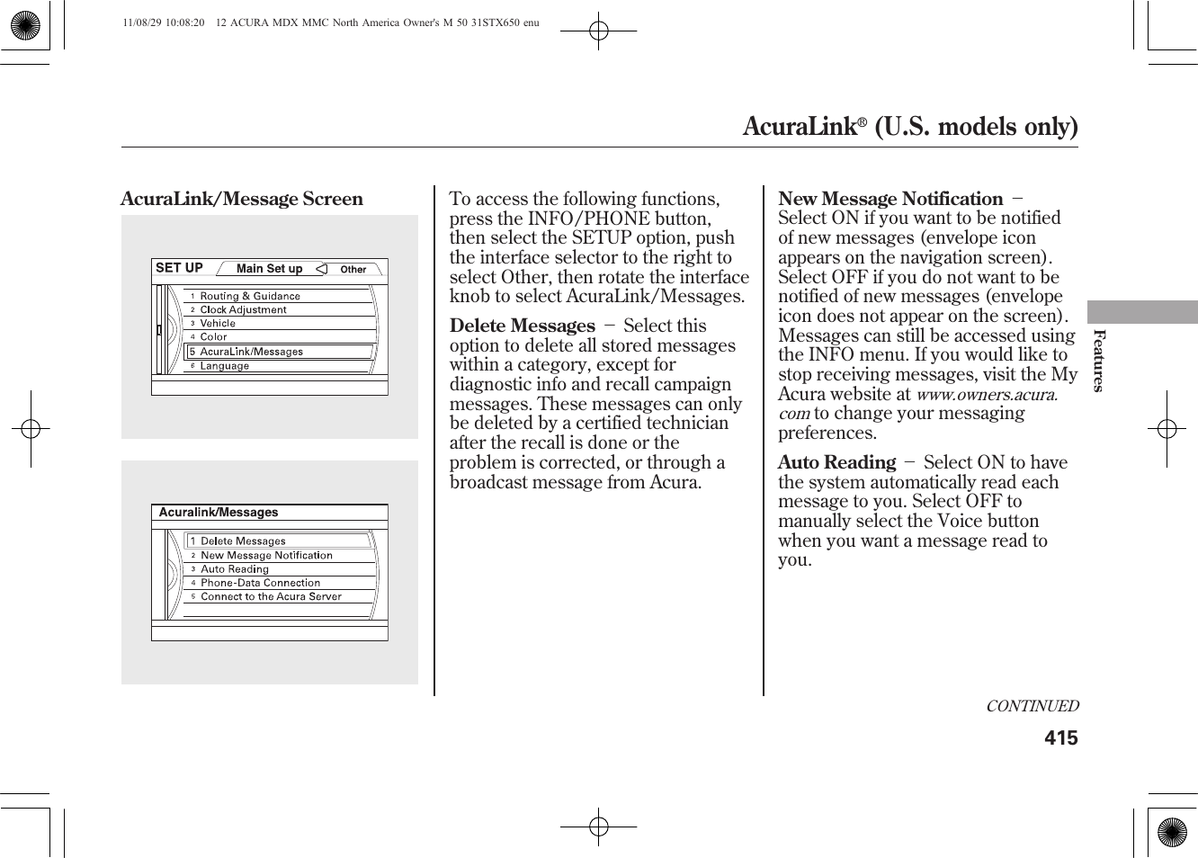 Acuralink, U.s. models only) | Acura 2012 MDX User Manual | Page 422 / 617