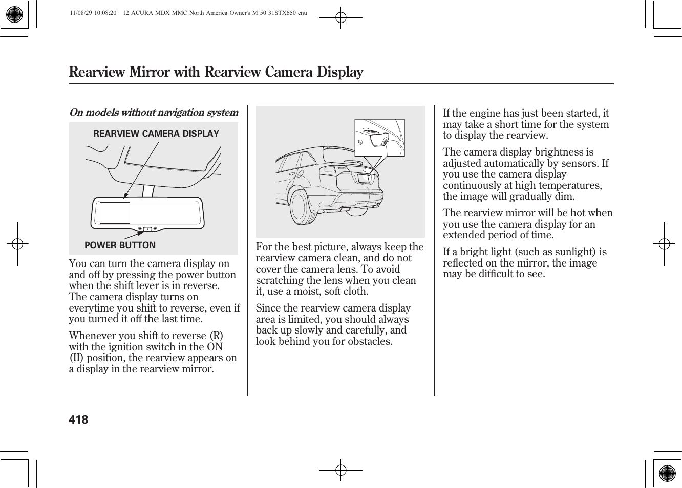 Rearview mirror with rearview camera display | Acura 2012 MDX User Manual | Page 425 / 617