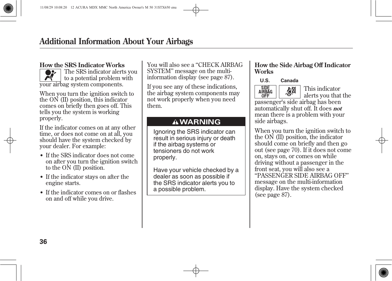 Additional information about your airbags | Acura 2012 MDX User Manual | Page 43 / 617