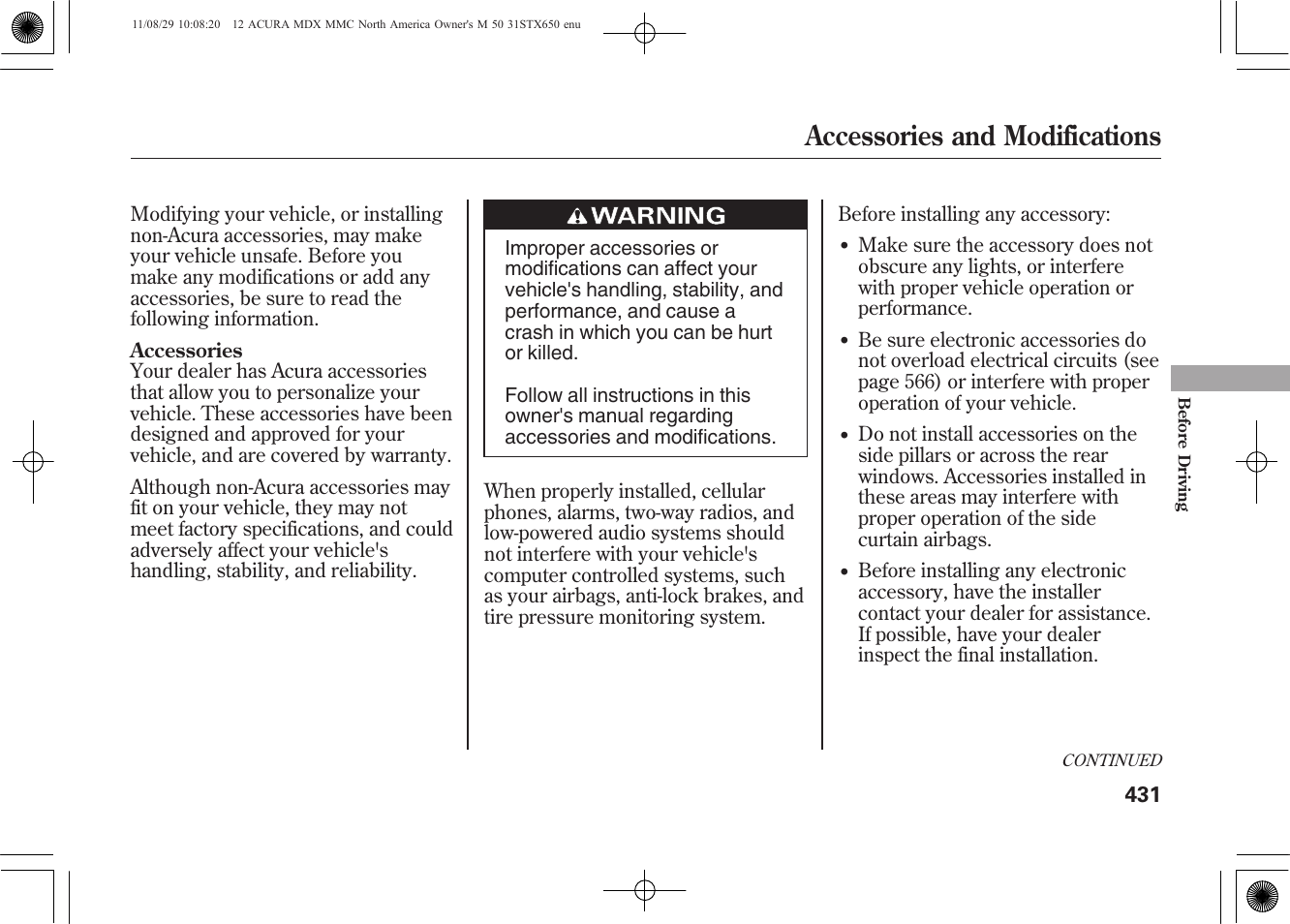 Accessories and modifications | Acura 2012 MDX User Manual | Page 438 / 617