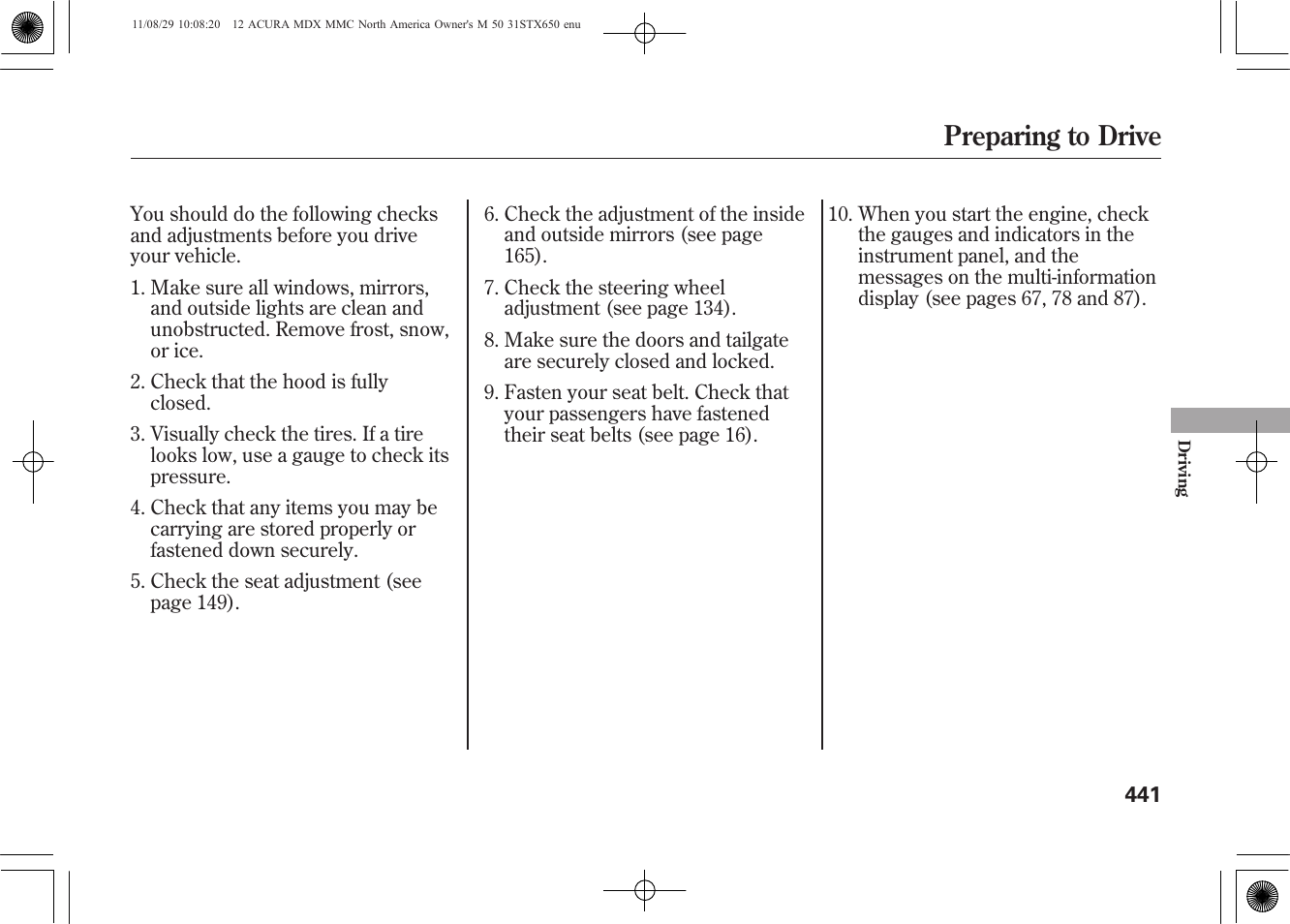 Preparing to drive | Acura 2012 MDX User Manual | Page 448 / 617
