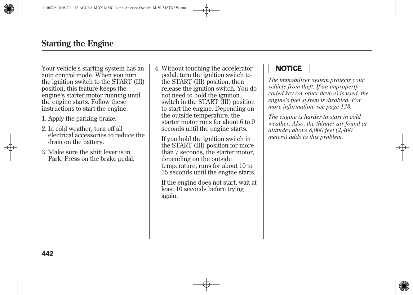 Starting the engine | Acura 2012 MDX User Manual | Page 449 / 617