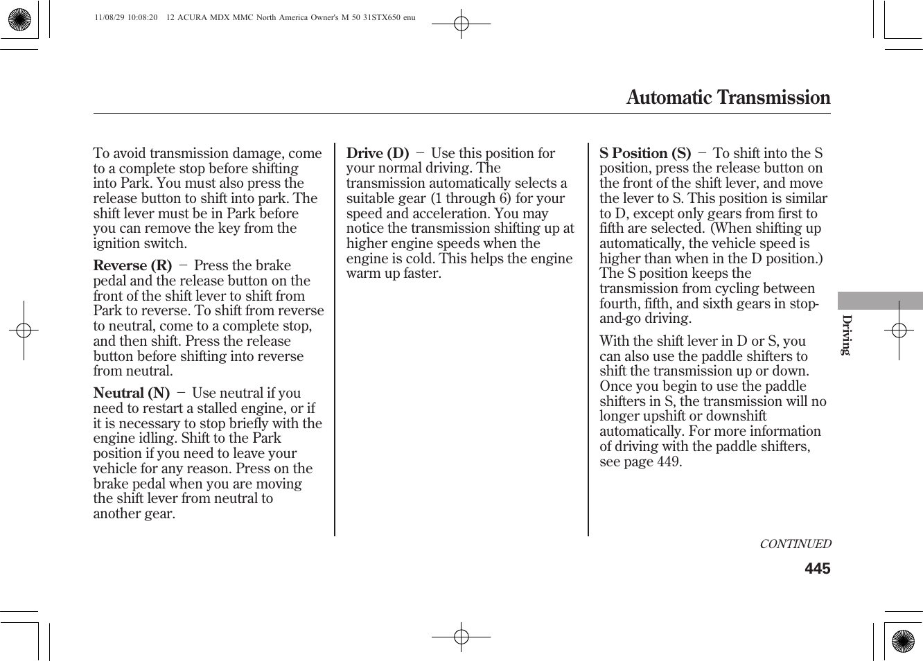 Automatic transmission | Acura 2012 MDX User Manual | Page 452 / 617