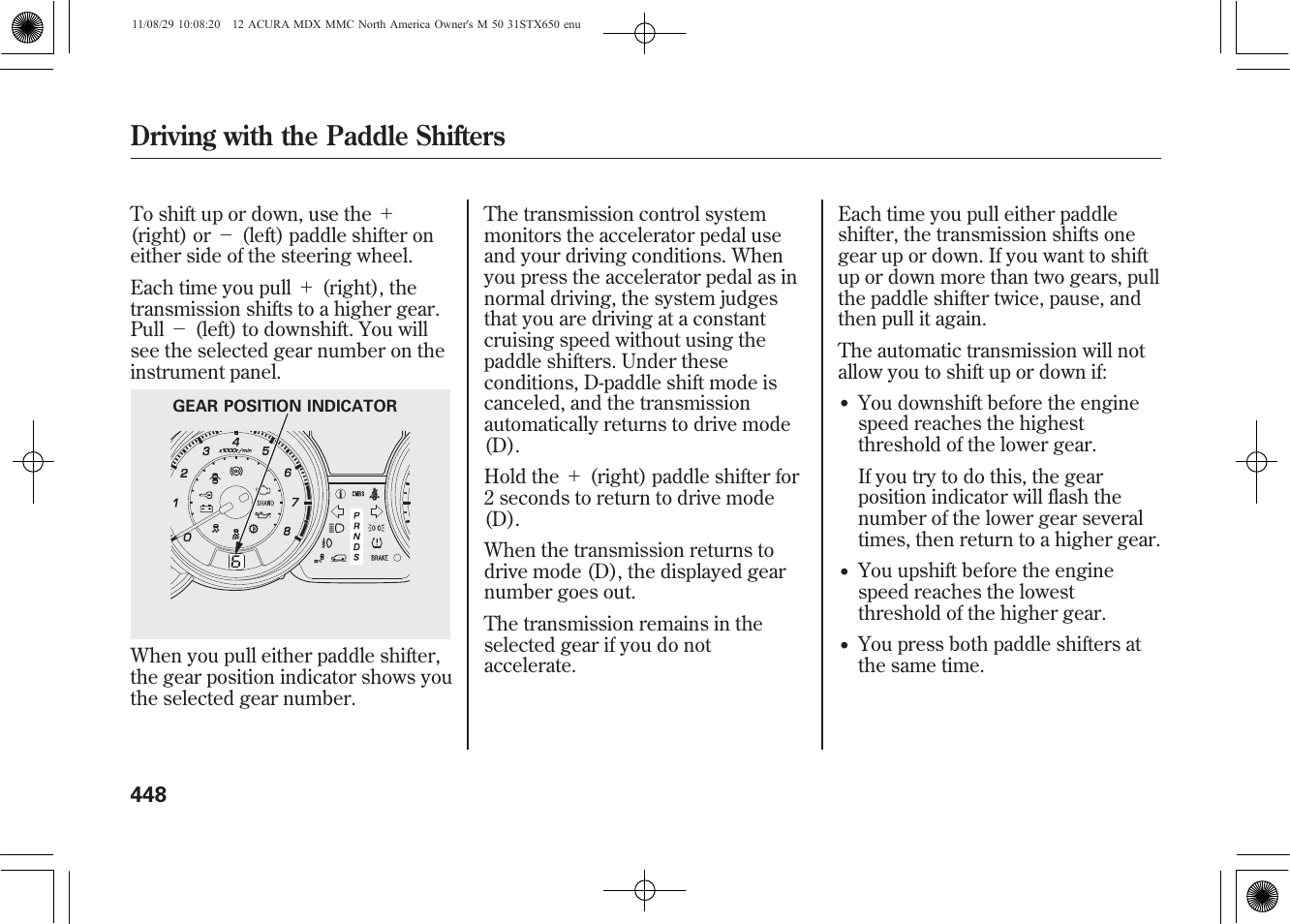 Driving with the paddle shifters | Acura 2012 MDX User Manual | Page 455 / 617
