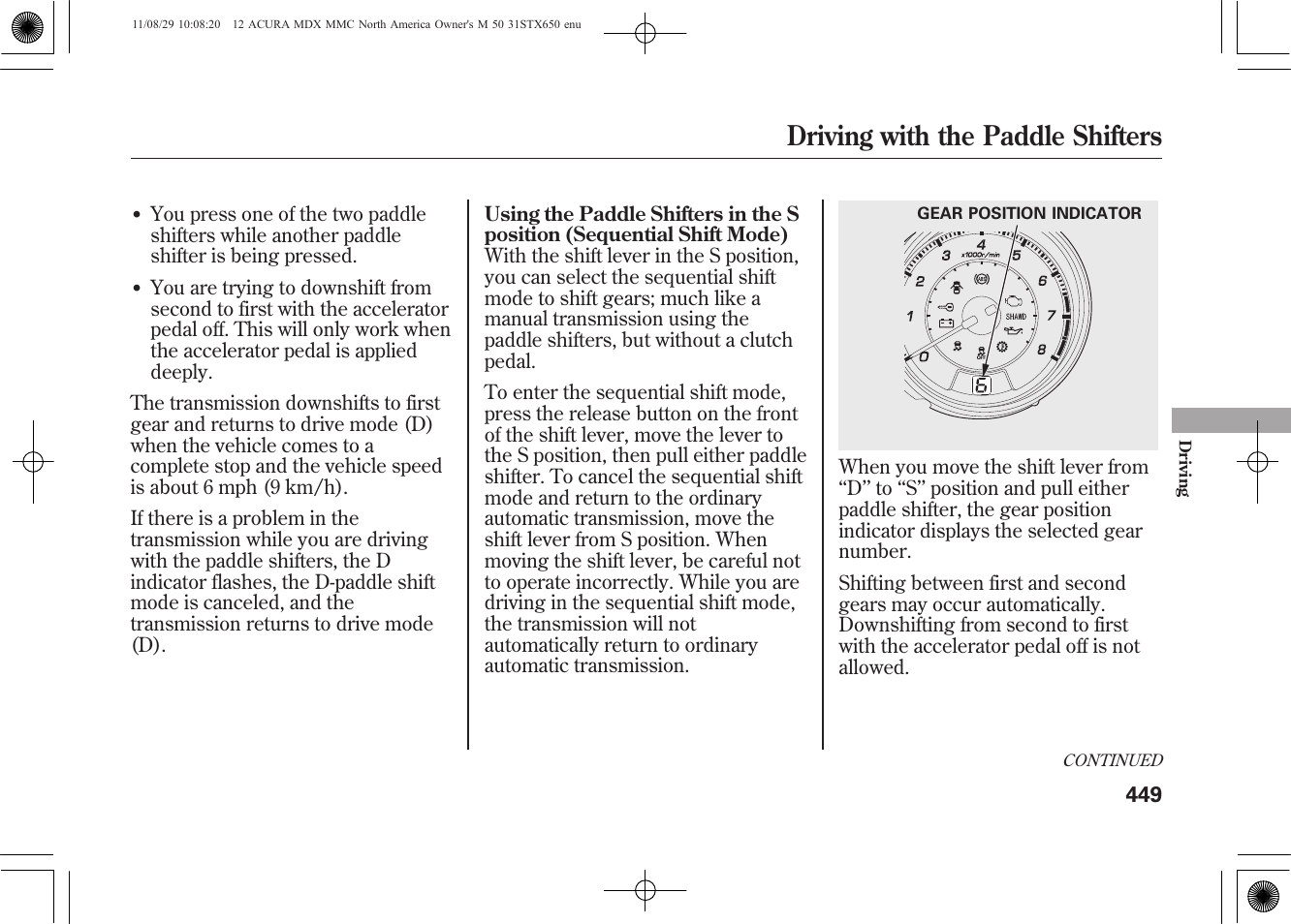 Driving with the paddle shifters | Acura 2012 MDX User Manual | Page 456 / 617
