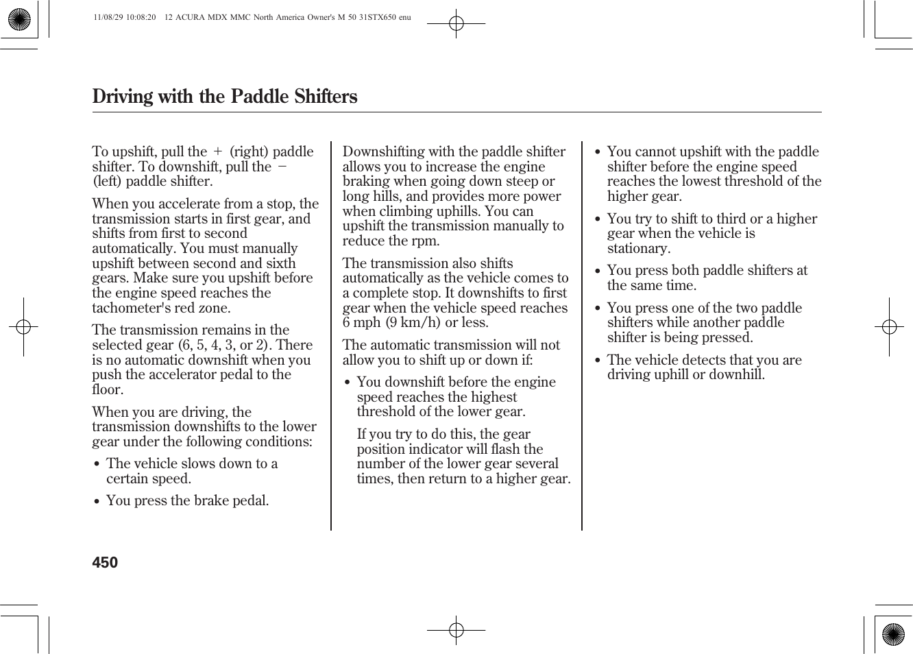 Driving with the paddle shifters | Acura 2012 MDX User Manual | Page 457 / 617