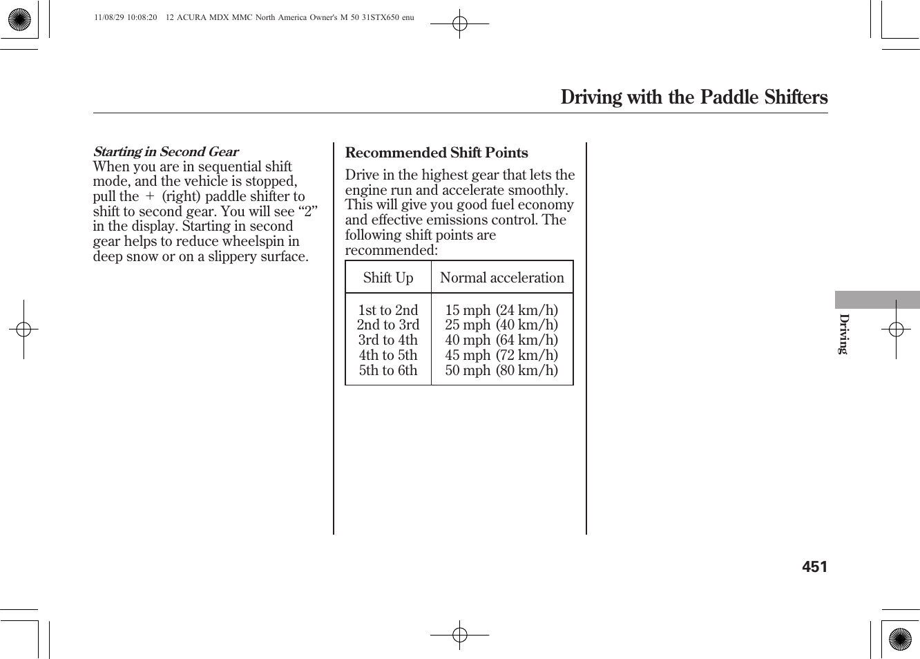 Driving with the paddle shifters | Acura 2012 MDX User Manual | Page 458 / 617