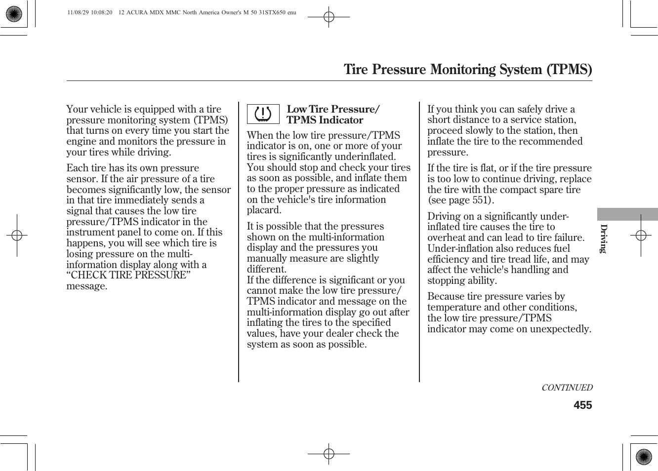 Tire pressure monitoring system (tpms) | Acura 2012 MDX User Manual | Page 462 / 617