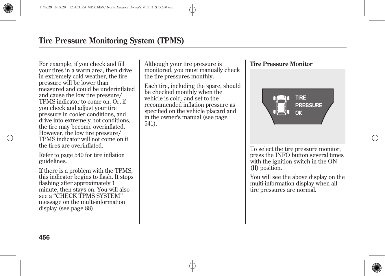 Tire pressure monitoring system (tpms) | Acura 2012 MDX User Manual | Page 463 / 617