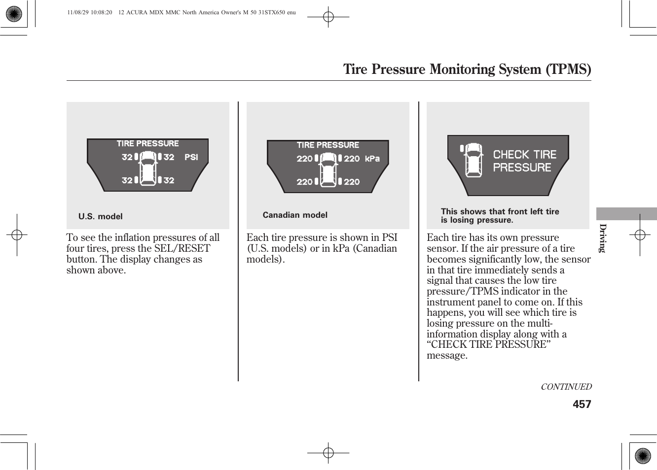 Tire pressure monitoring system (tpms) | Acura 2012 MDX User Manual | Page 464 / 617
