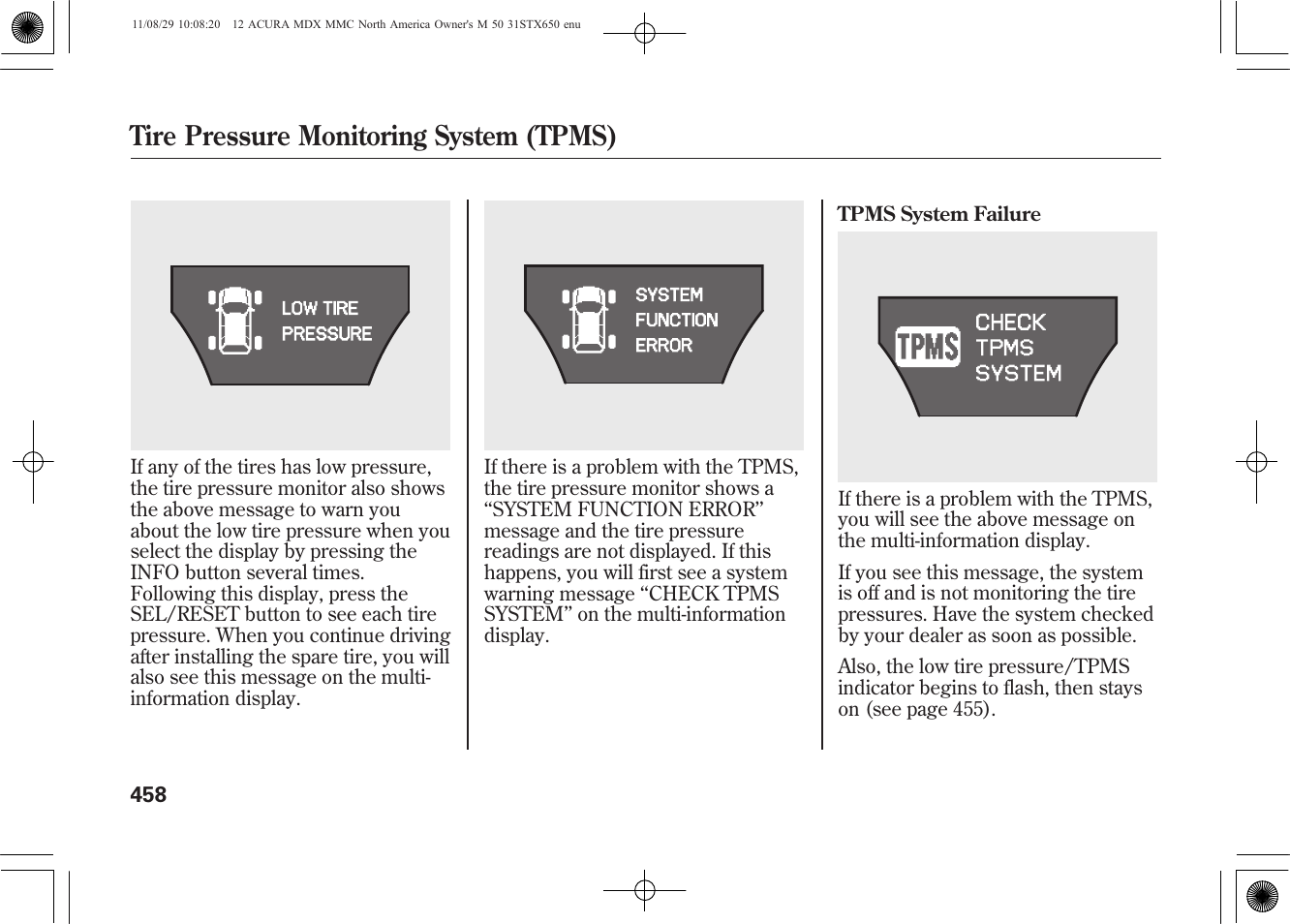 Tire pressure monitoring system (tpms) | Acura 2012 MDX User Manual | Page 465 / 617