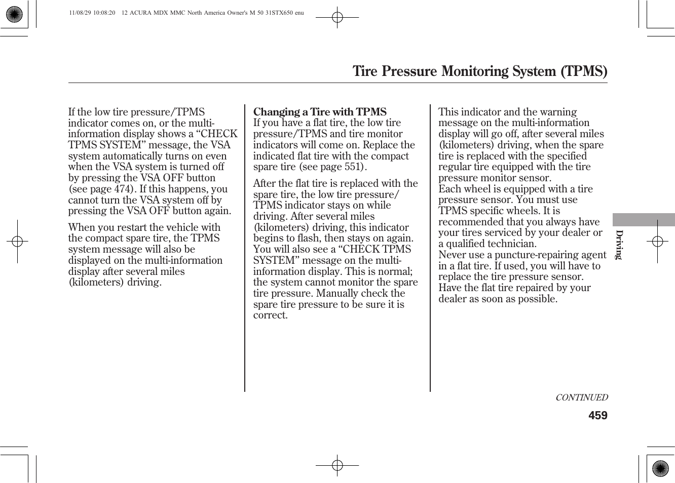 Tire pressure monitoring system (tpms) | Acura 2012 MDX User Manual | Page 466 / 617