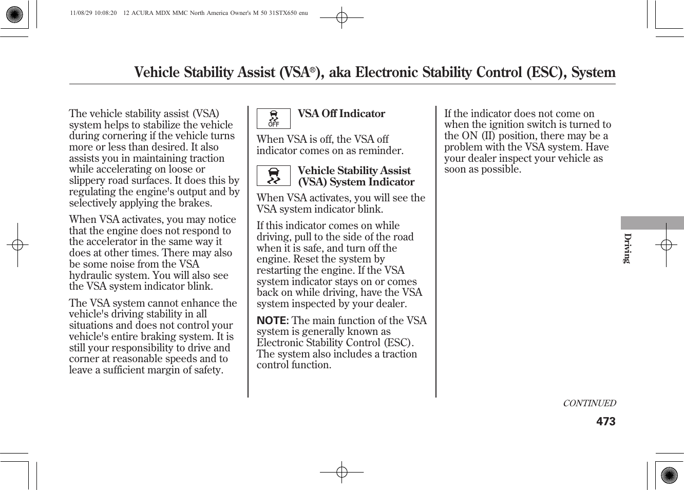 Vehicle stability assist (vsa, Aka electronic stability control (esc), system | Acura 2012 MDX User Manual | Page 480 / 617