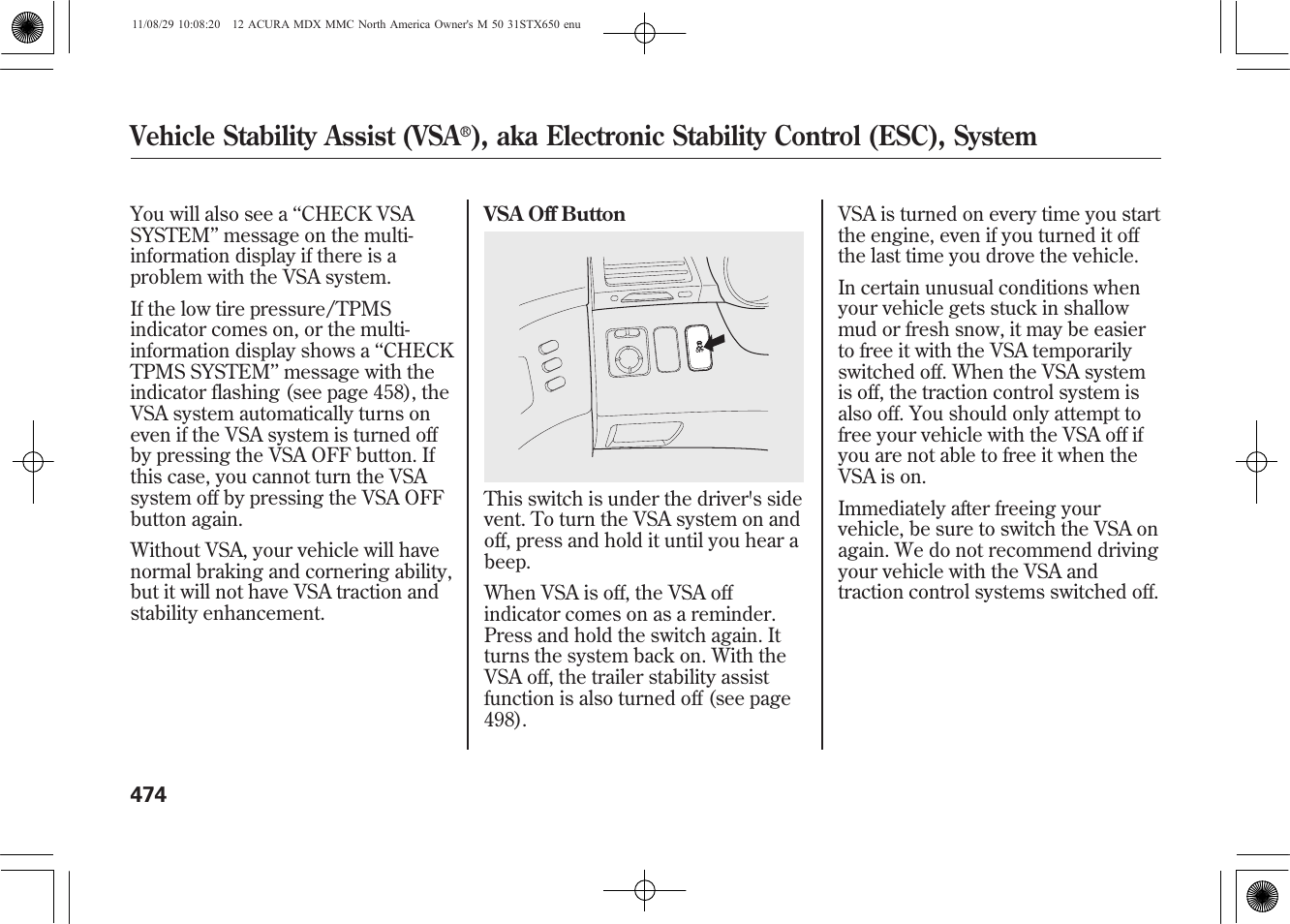 Vehicle stability assist (vsa, Aka electronic stability control (esc), system | Acura 2012 MDX User Manual | Page 481 / 617
