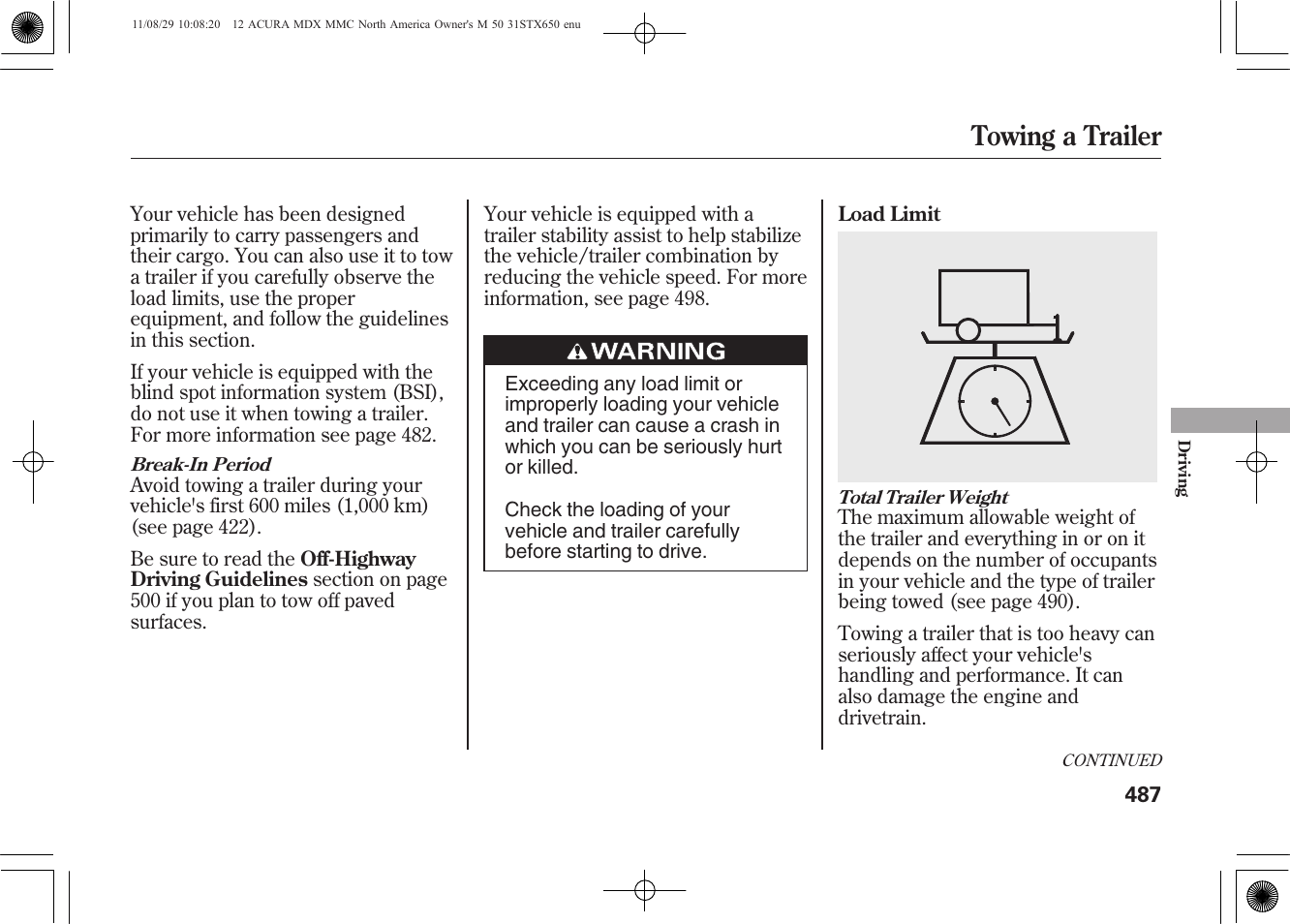 Towing a trailer | Acura 2012 MDX User Manual | Page 494 / 617