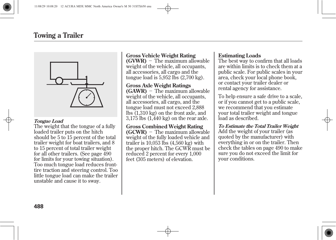 Towing a trailer | Acura 2012 MDX User Manual | Page 495 / 617