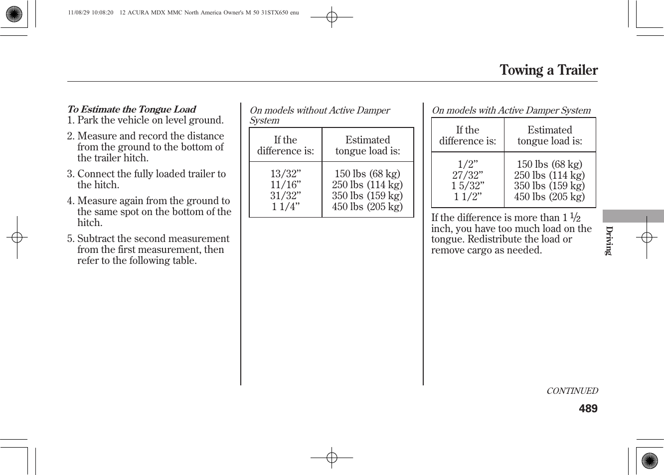 Towing a trailer | Acura 2012 MDX User Manual | Page 496 / 617