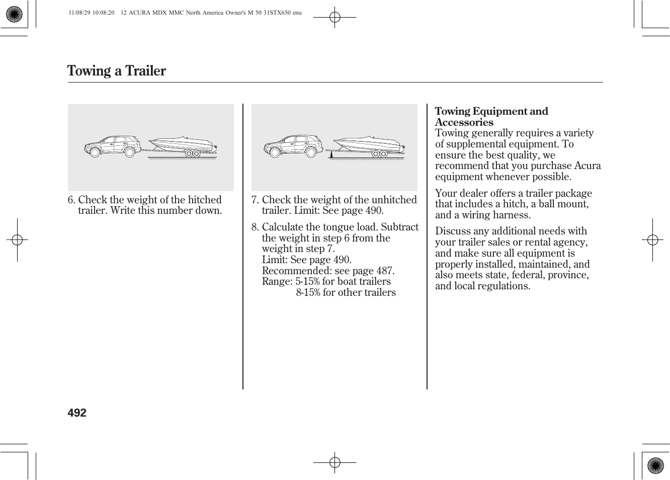 Towing a trailer | Acura 2012 MDX User Manual | Page 499 / 617