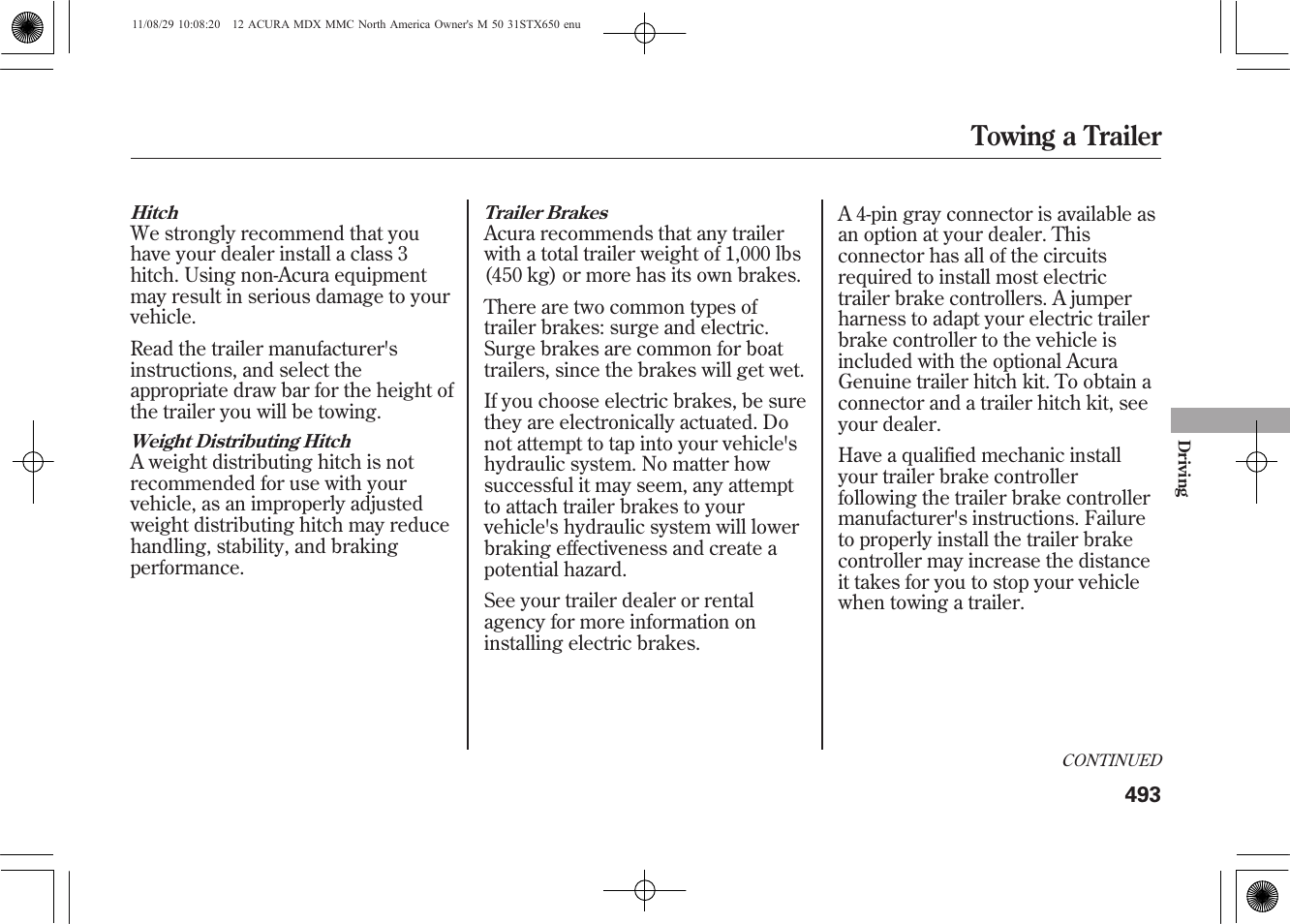 Towing a trailer | Acura 2012 MDX User Manual | Page 500 / 617