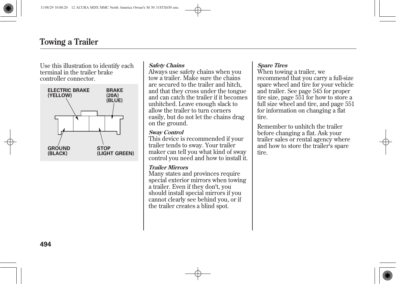Towing a trailer | Acura 2012 MDX User Manual | Page 501 / 617