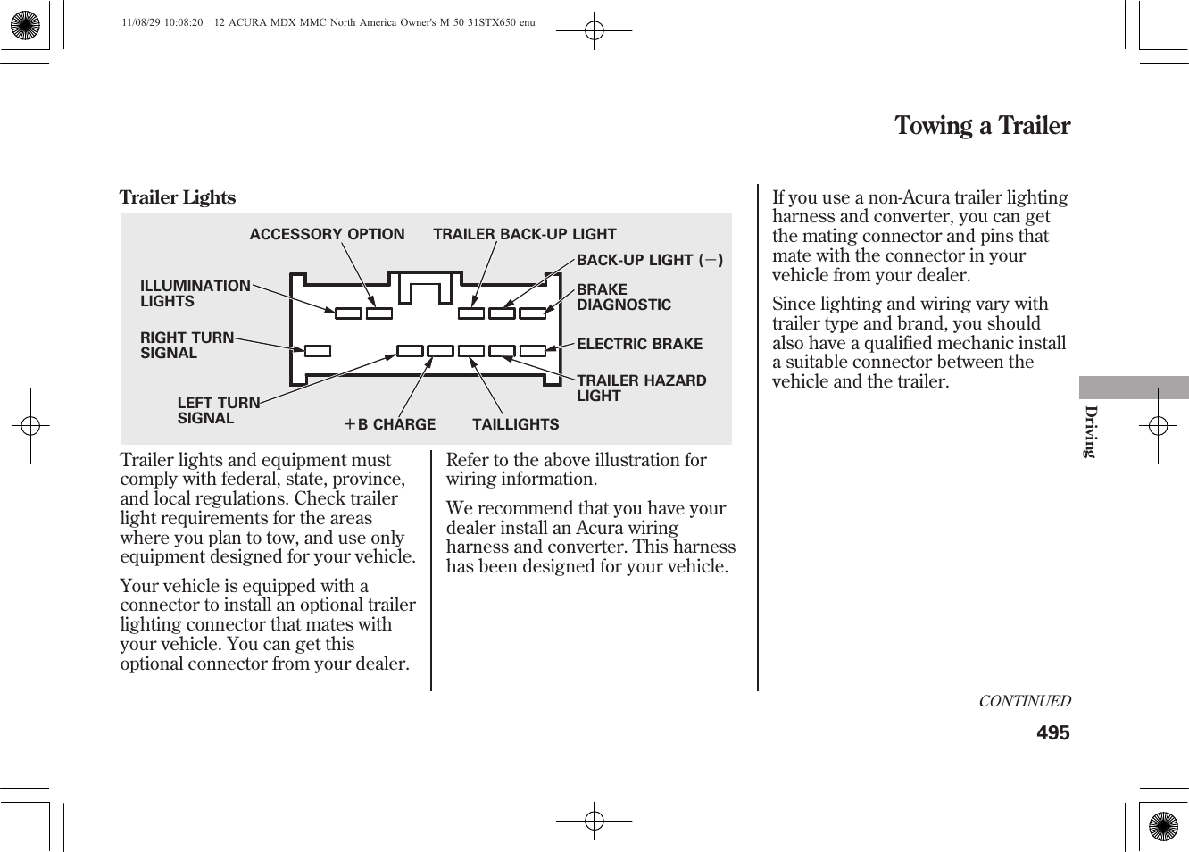 Towing a trailer | Acura 2012 MDX User Manual | Page 502 / 617