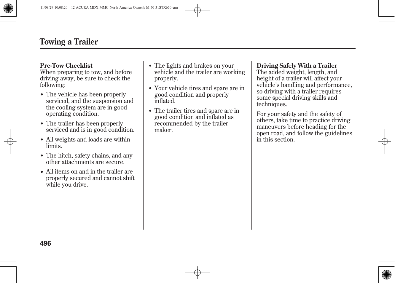 Towing a trailer | Acura 2012 MDX User Manual | Page 503 / 617