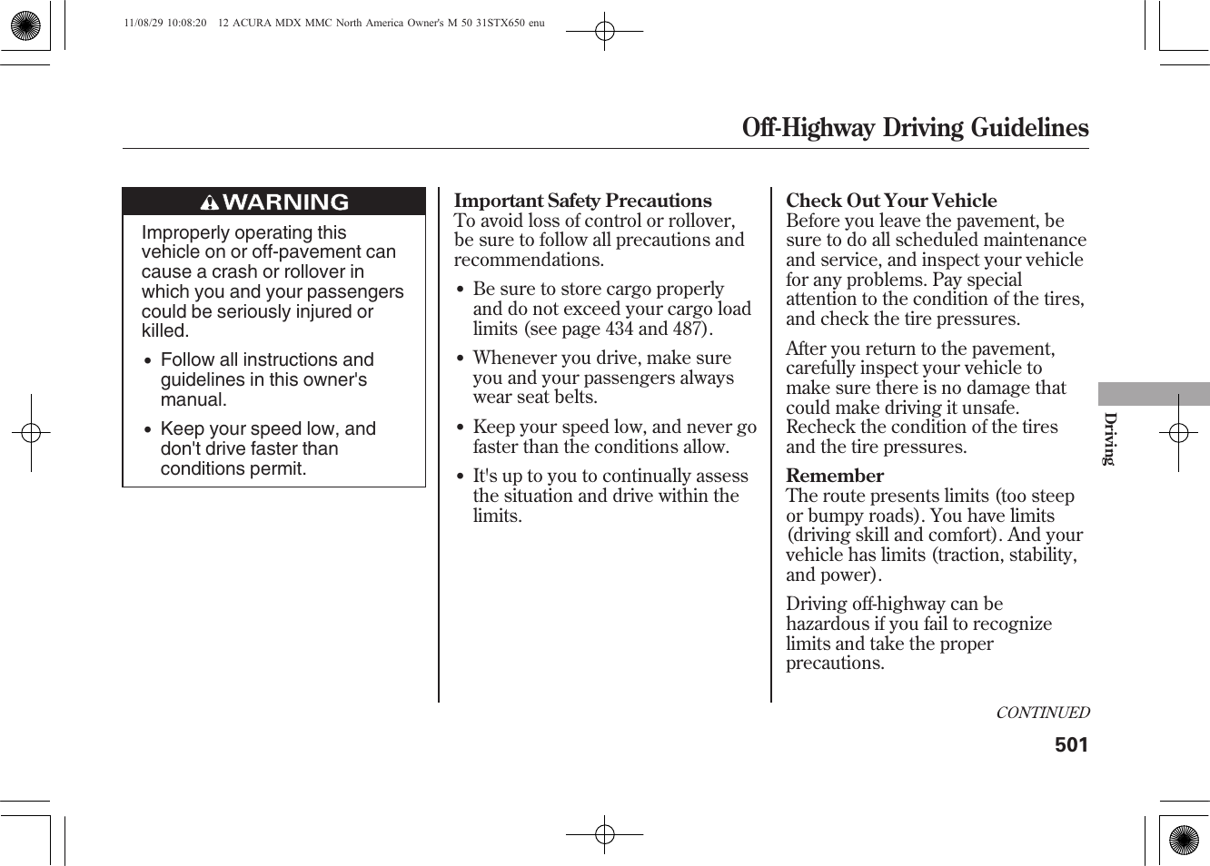 Off-highway driving guidelines | Acura 2012 MDX User Manual | Page 508 / 617