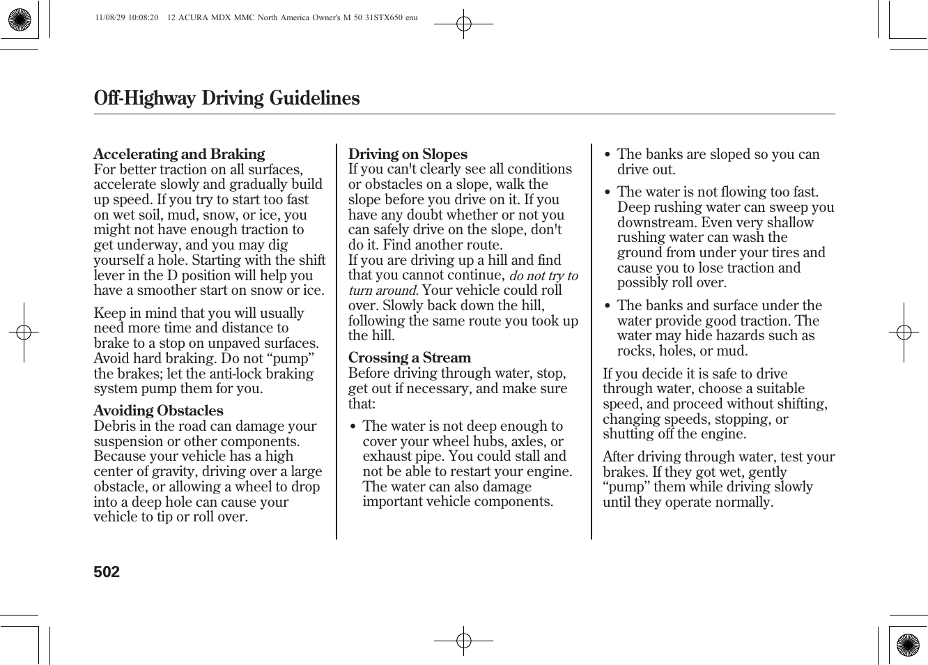 Off-highway driving guidelines | Acura 2012 MDX User Manual | Page 509 / 617